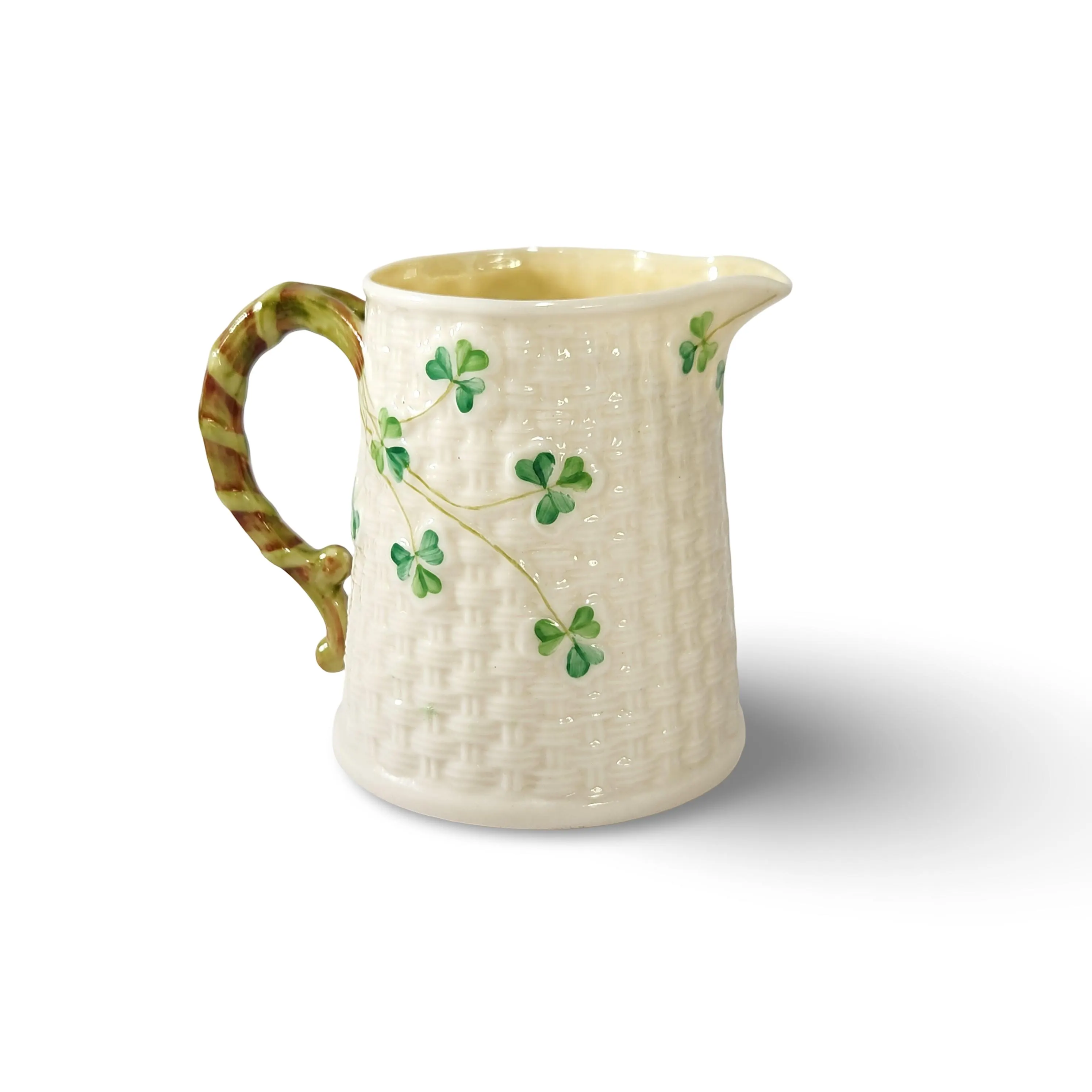 Vintage Belleek Shamrocks Pitcher Creamer Vase w Rare Rope Handle Basketweave Design Green 4th Mark 1950s Irish Porcelain