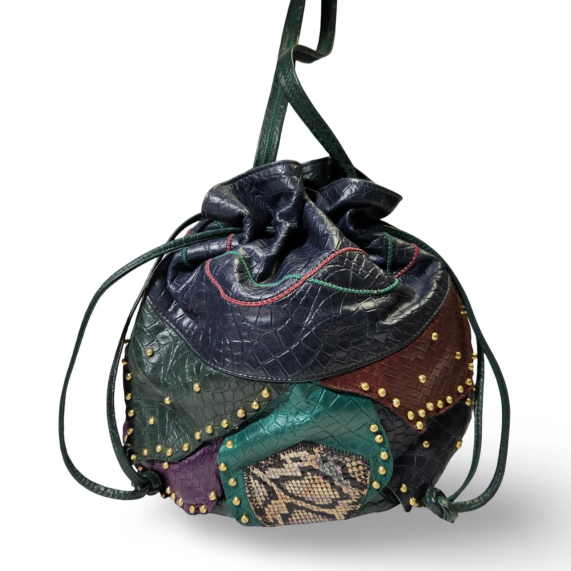 Vintage Samir Leather Patchwork Purse Drawstring Bucket Bag Green Blue Burgundy Purple Brass Studs - USA