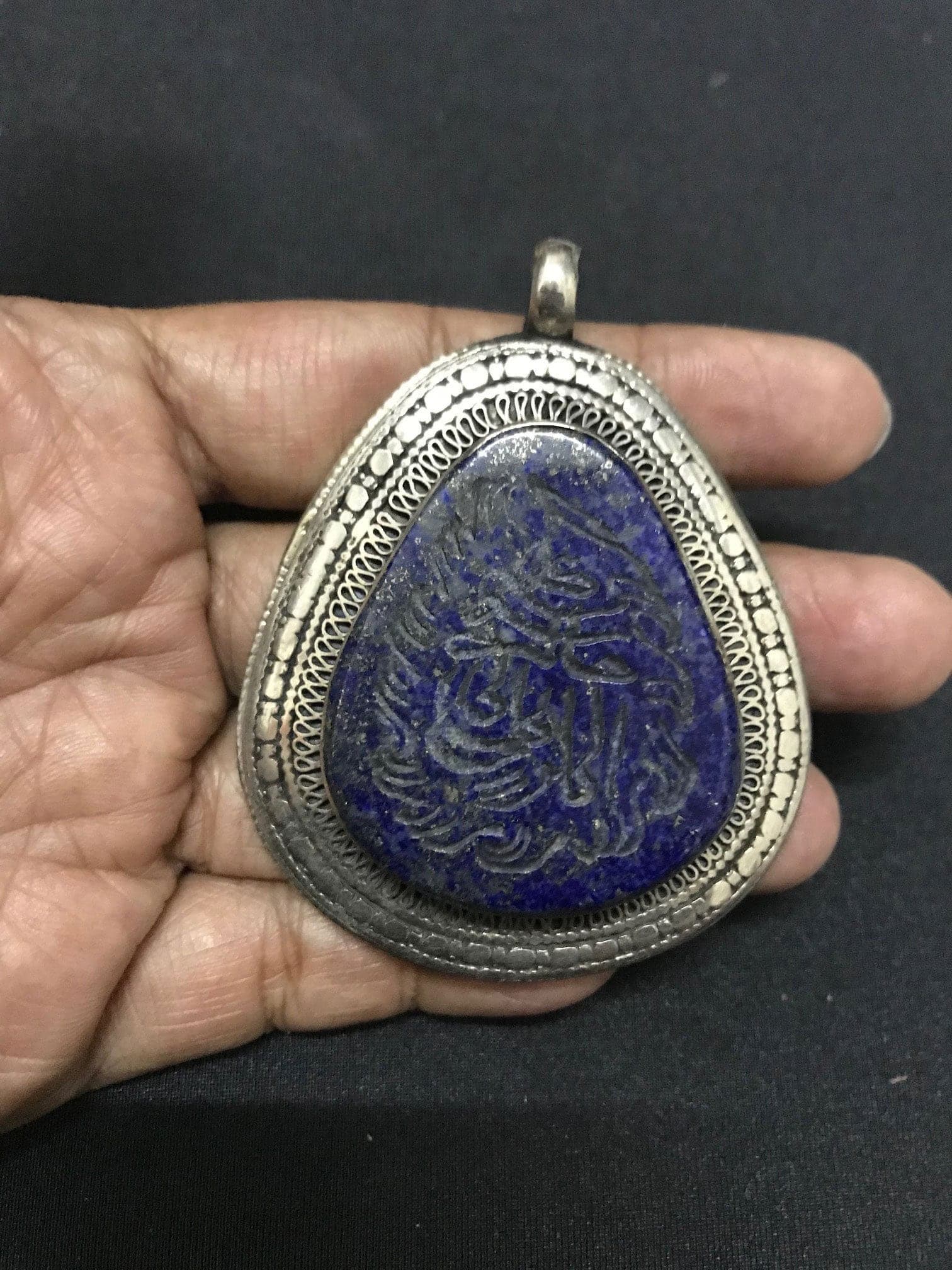 Uzbek Islamic Engraved Big silver engrave pendant Lapis Lazuli jinn amulet calligraphy home decor history muslim Ramadan Mubarak Kareem