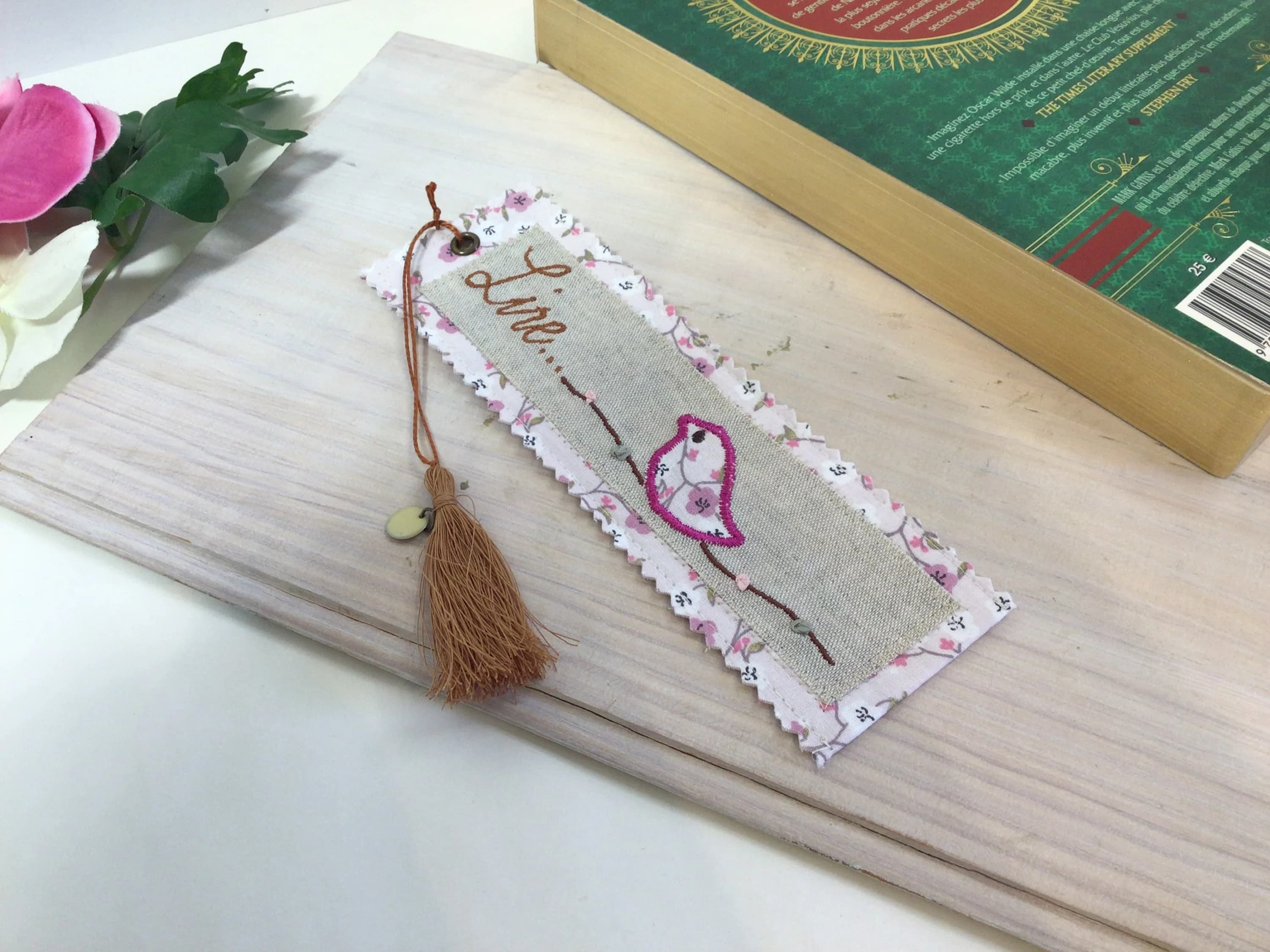 Handmade Embroidered Fabric Bookmark: Bird & Flowers, Tassel Accent