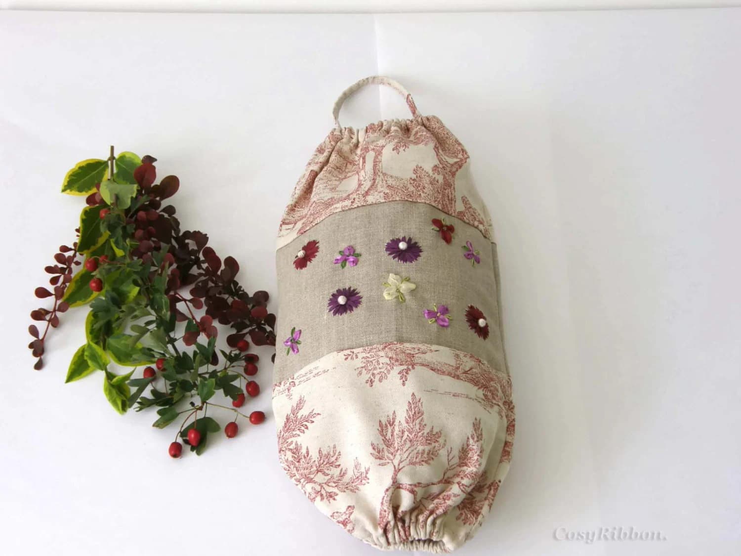 Hanging Plastic Bag Holder: French Toile, Linen, Silk Flower Embroidery