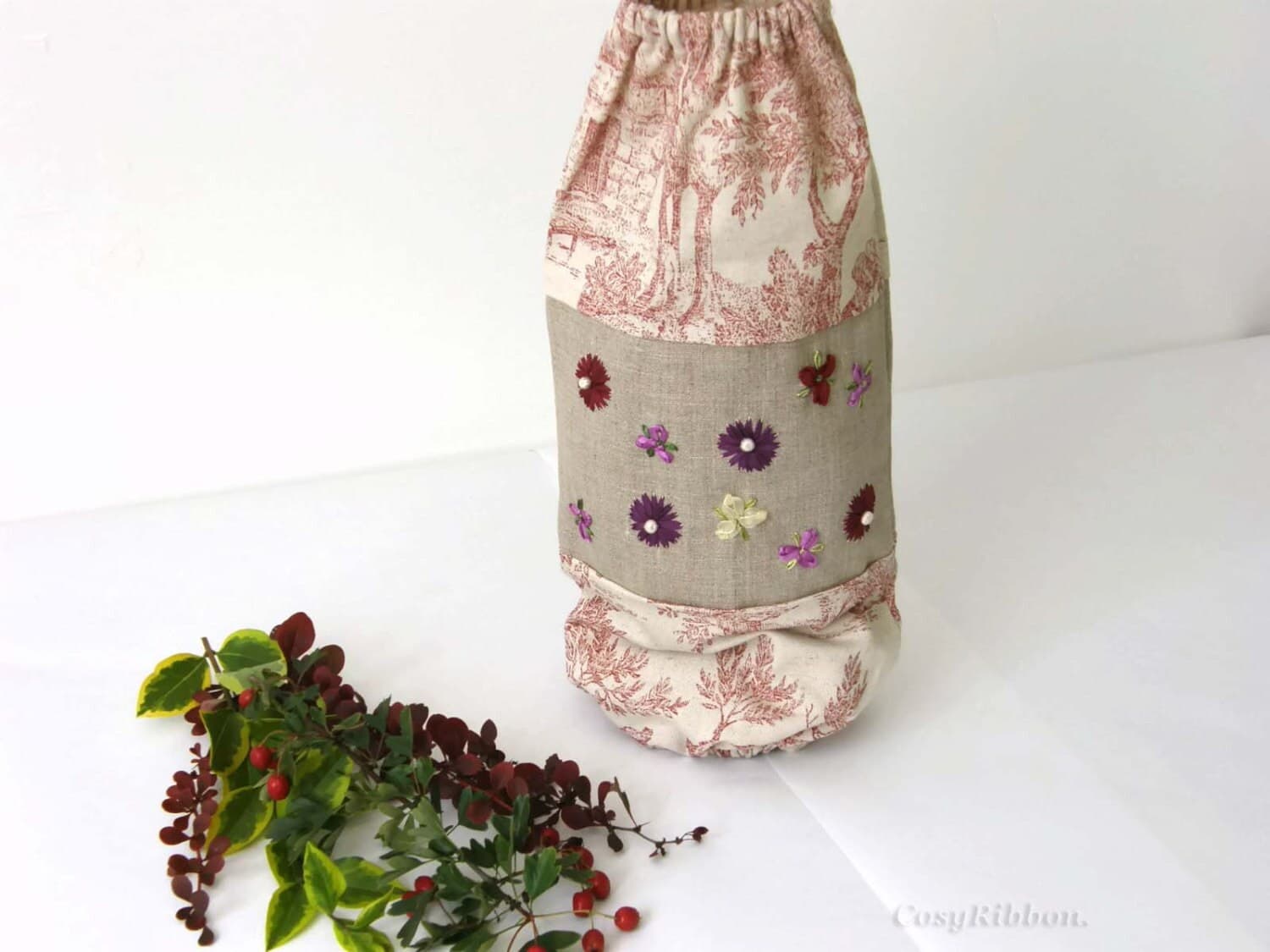 Hanging Plastic Bag Holder: French Toile, Linen, Silk Flower Embroidery - image 3