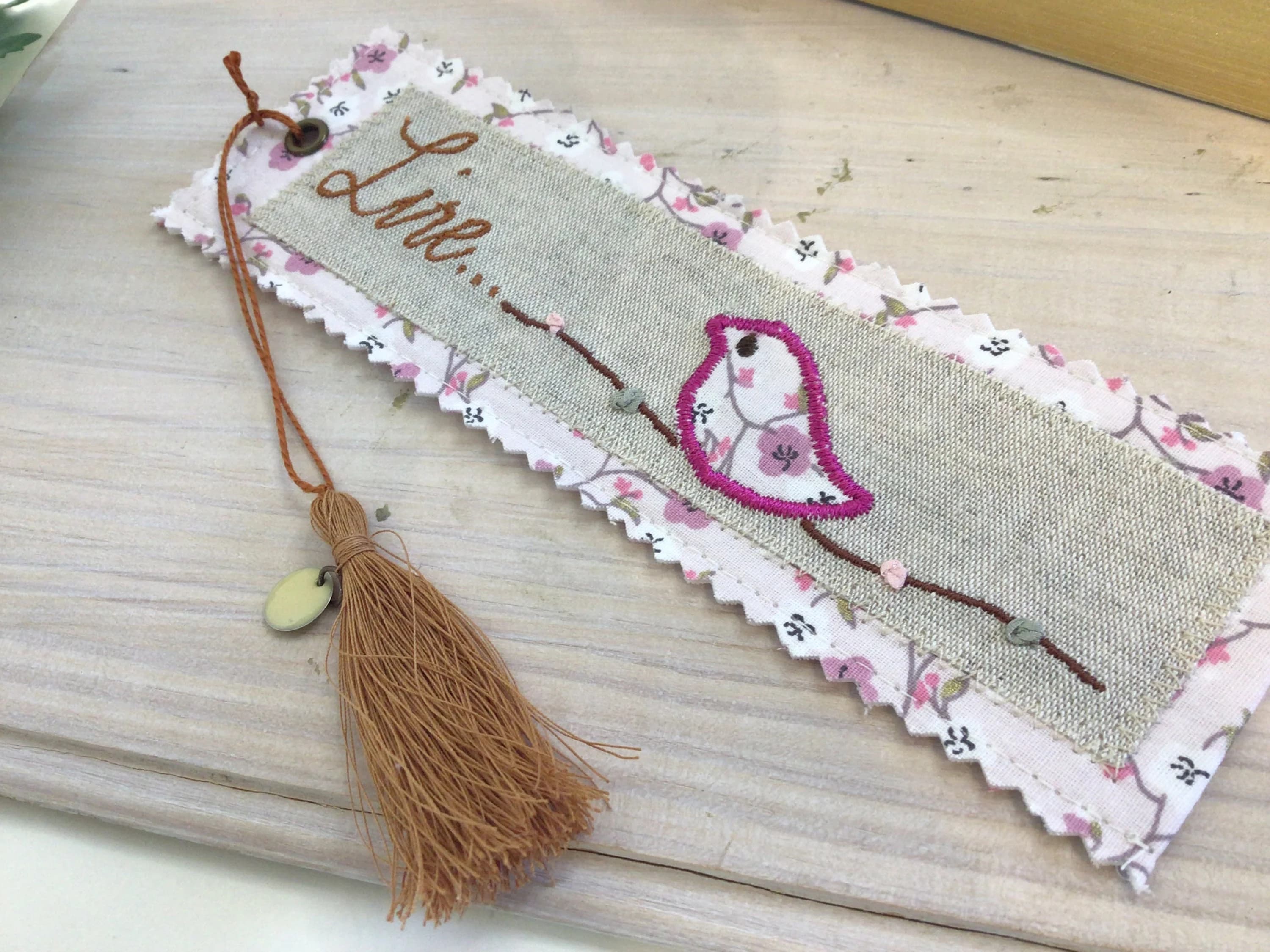 Handmade Embroidered Fabric Bookmark: Bird & Flowers, Tassel Accent - image 5