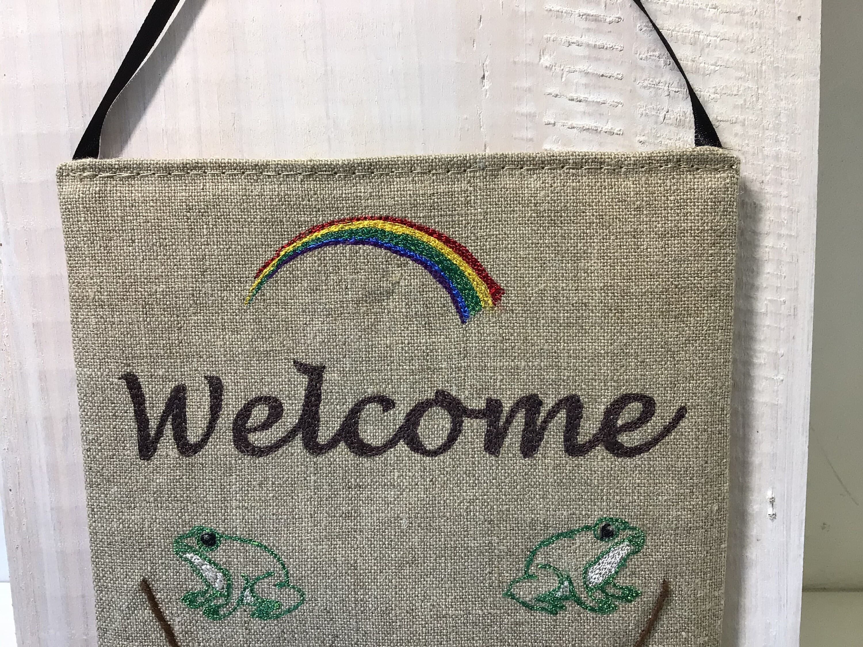 Embroidered Linen Welcome Sign: Cottage decor Birds & Flowers, frogs decor - image 3