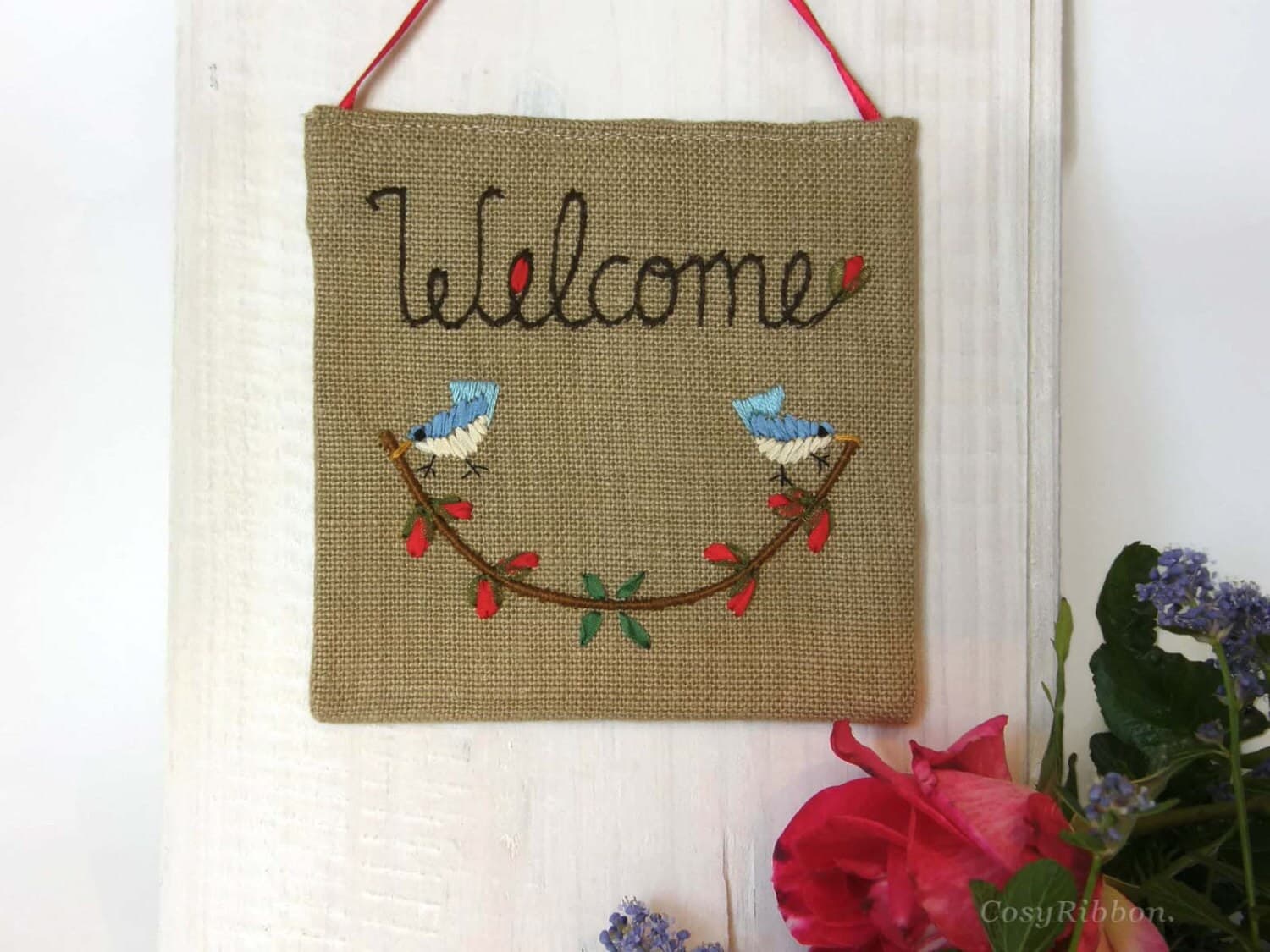 Embroidered Linen Welcome Sign: Cottage decor Birds & Flowers, frogs decor - image 4