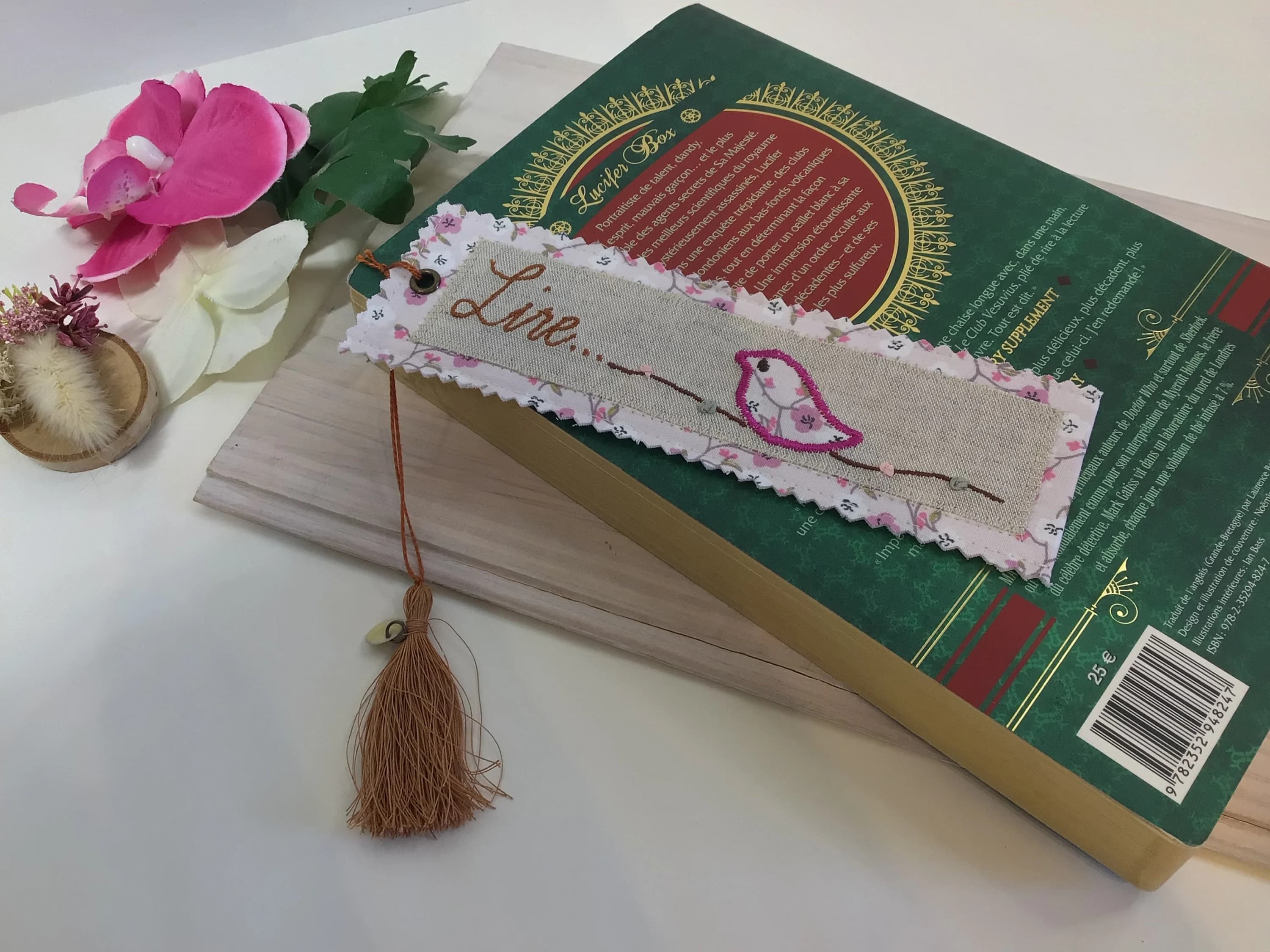 Handmade Embroidered Fabric Bookmark: Bird & Flowers, Tassel Accent - image 4