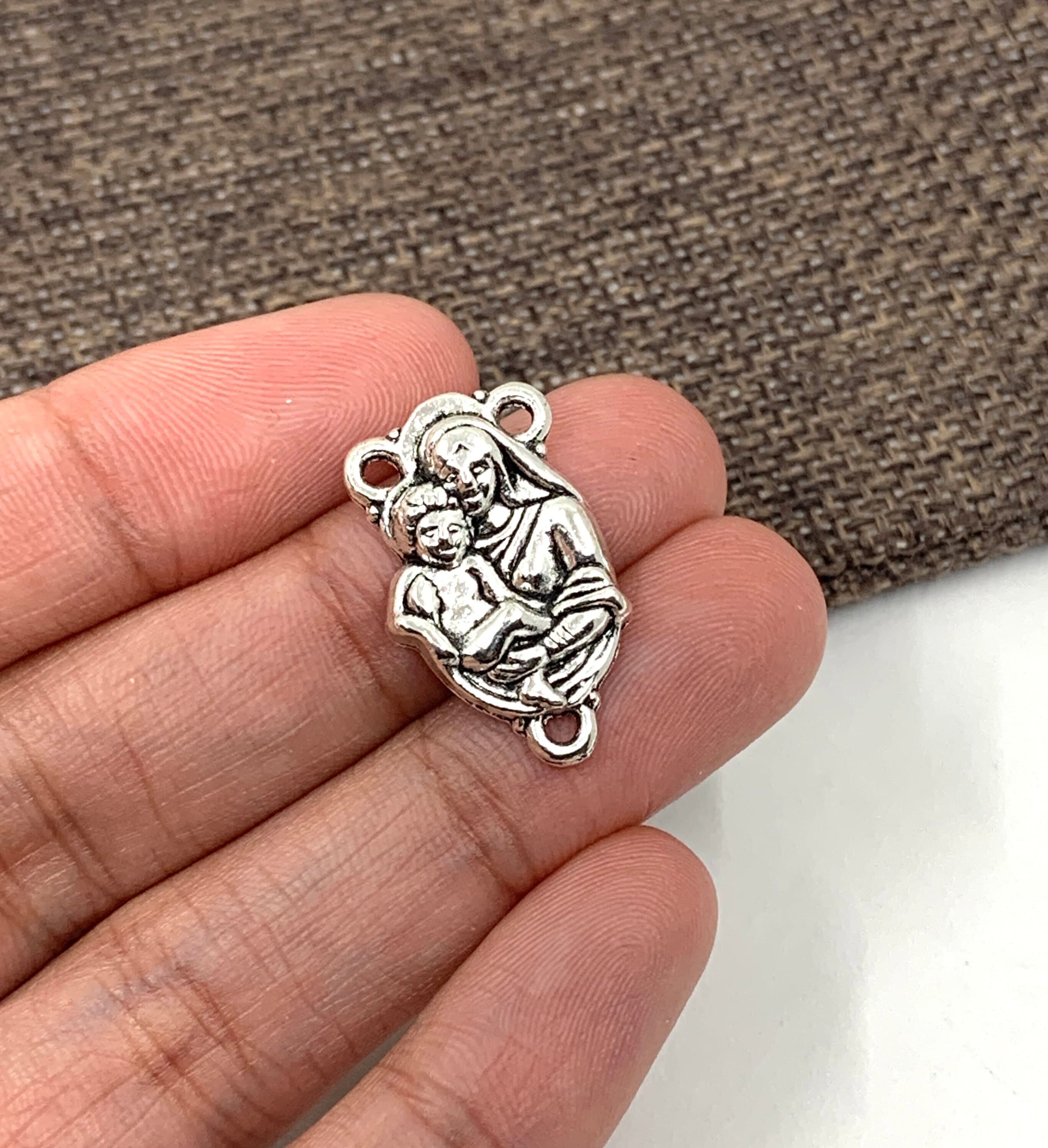 Rosary Centerpiece, Mother Mary & Child Baby, Madonna and Child Rosary Centerpiece, Antique Silver, Supplies - image 4