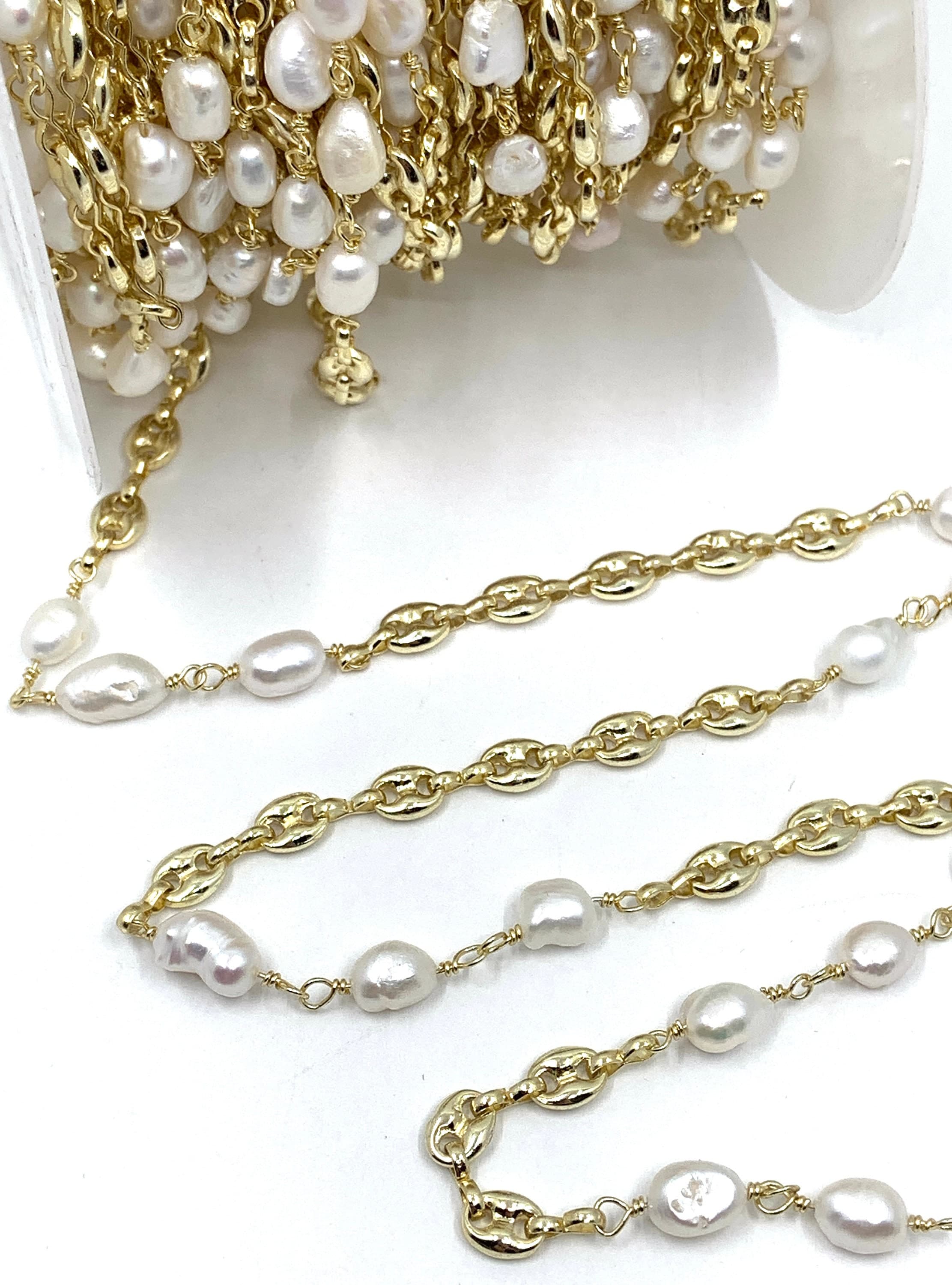 Freshwater Pearl Wire Wrapped Chain, Rosary Style Chain, Beaded Link Chain, High Quality, 18k gold plated brass, 1 foot, Jewelry Making - image 3