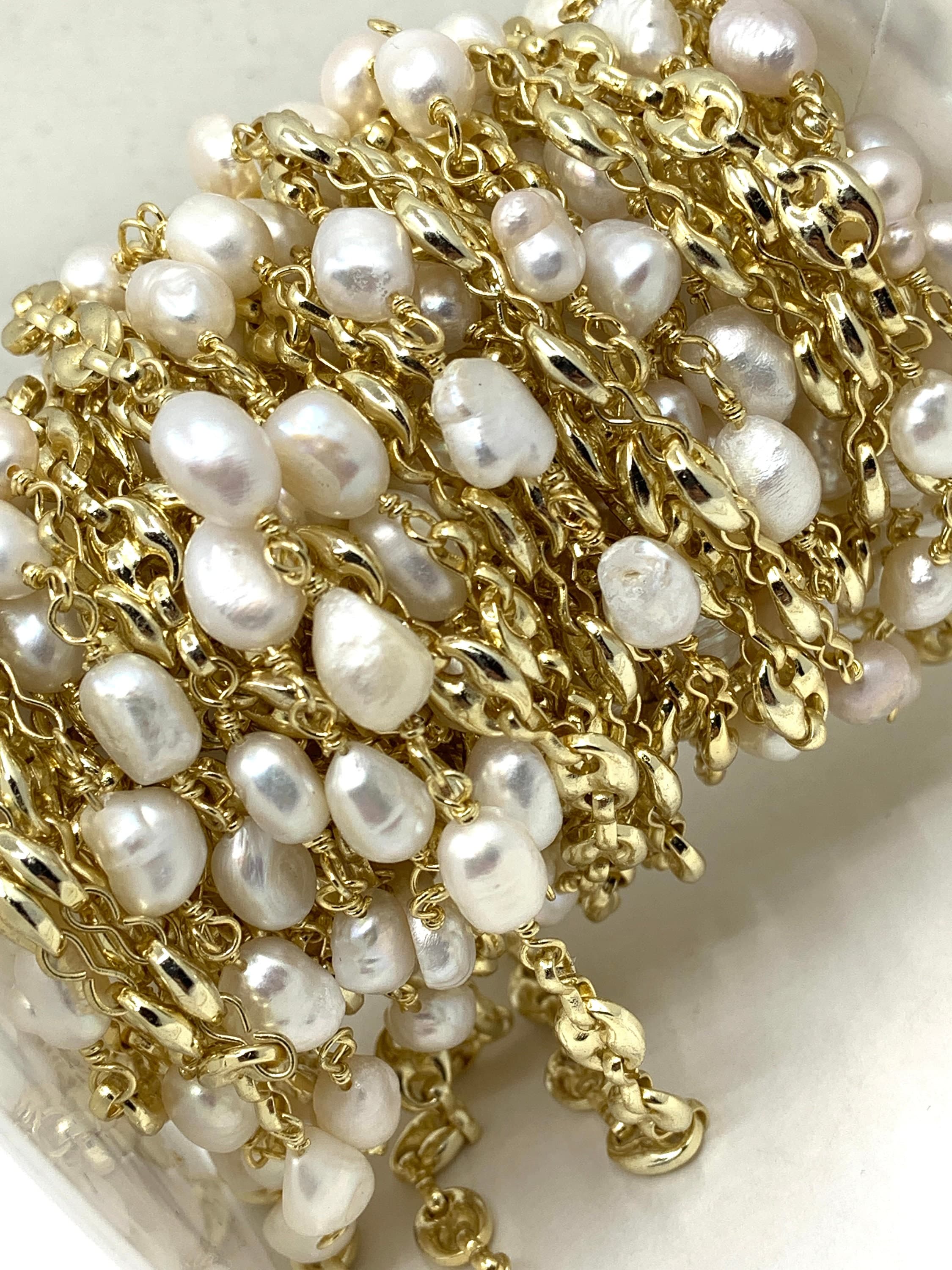 Freshwater Pearl Wire Wrapped Chain, Rosary Style Chain, Beaded Link Chain, High Quality, 18k gold plated brass, 1 foot, Jewelry Making - image 5