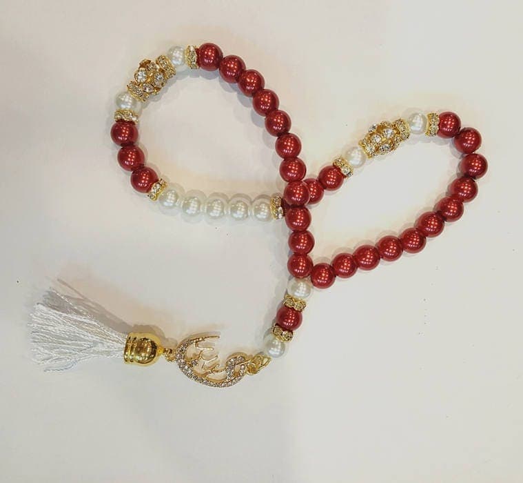 Tasbih Red and White Pearl With Allah Pendant, Muslim Tasbih, 33 Bead Tasbih, Muslim jewllery, Canadian muslims, bulk buy, tasbih under 10