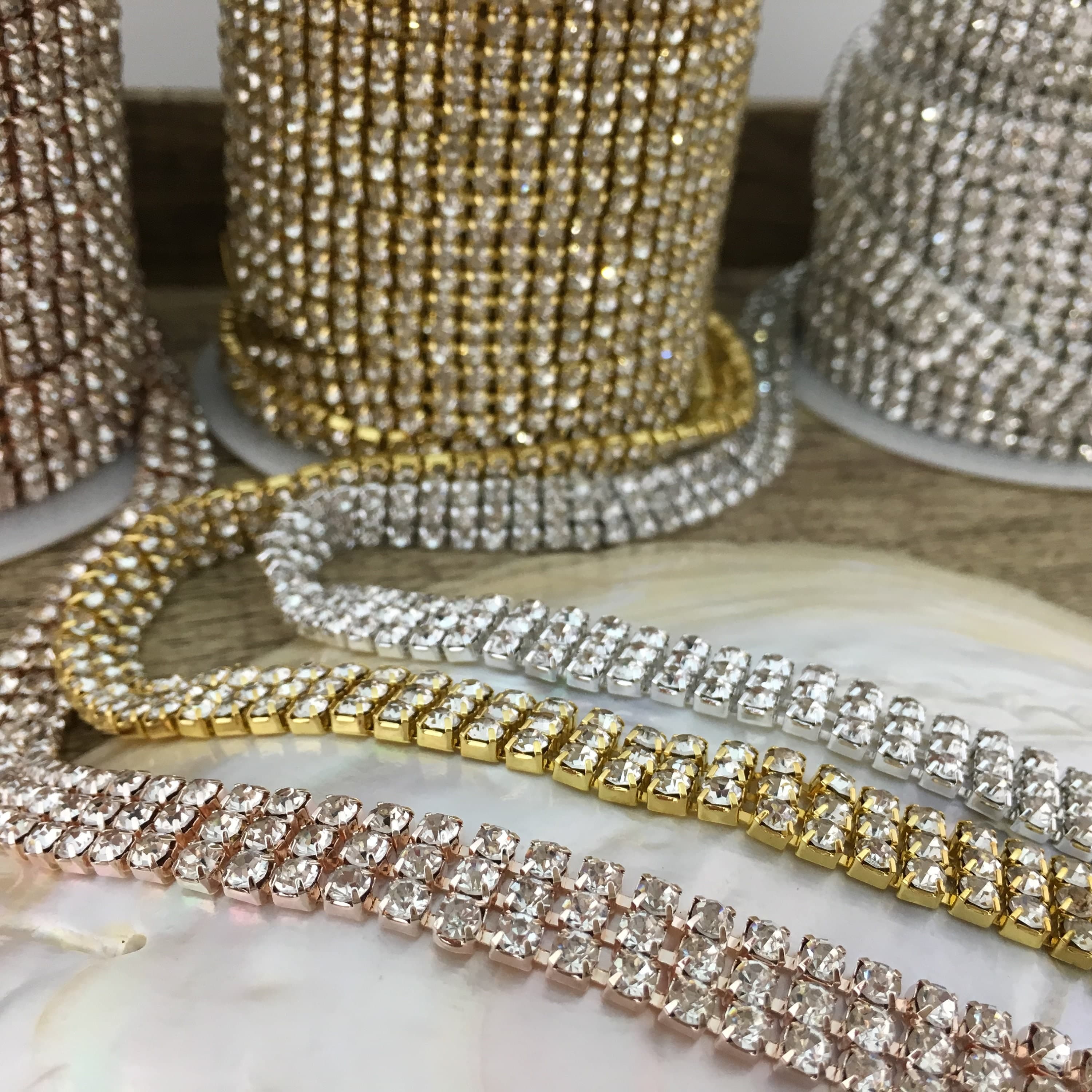 3  Row Rhinestone Chain, Rhinestone Trim, Silver Plated Chain, Gold Plated Chain, Clear Stones Rhinestone chain, AB Stones Rhinestone Chain