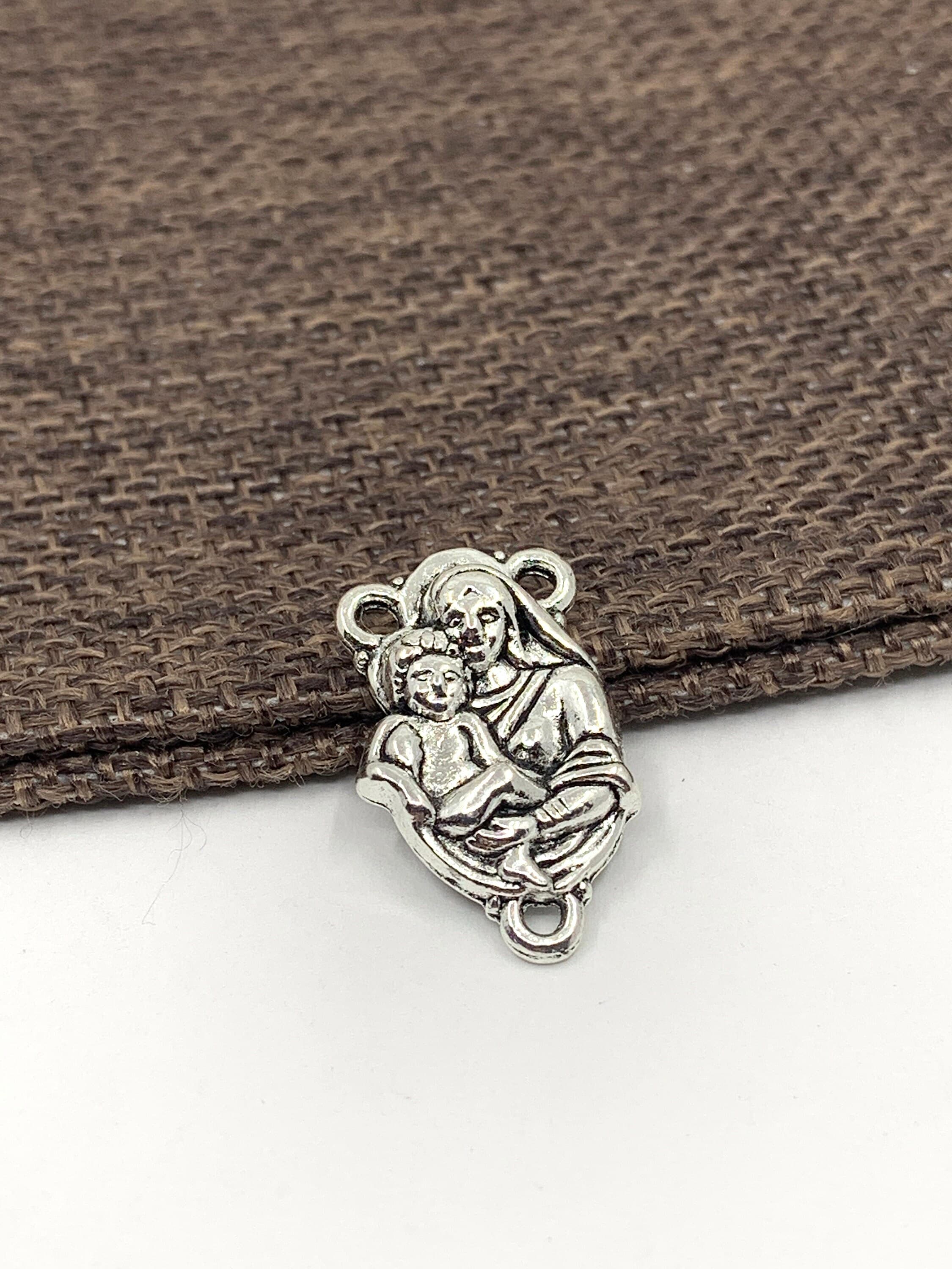Rosary Centerpiece, Mother Mary & Child Baby, Madonna and Child Rosary Centerpiece, Antique Silver, Supplies - image 3