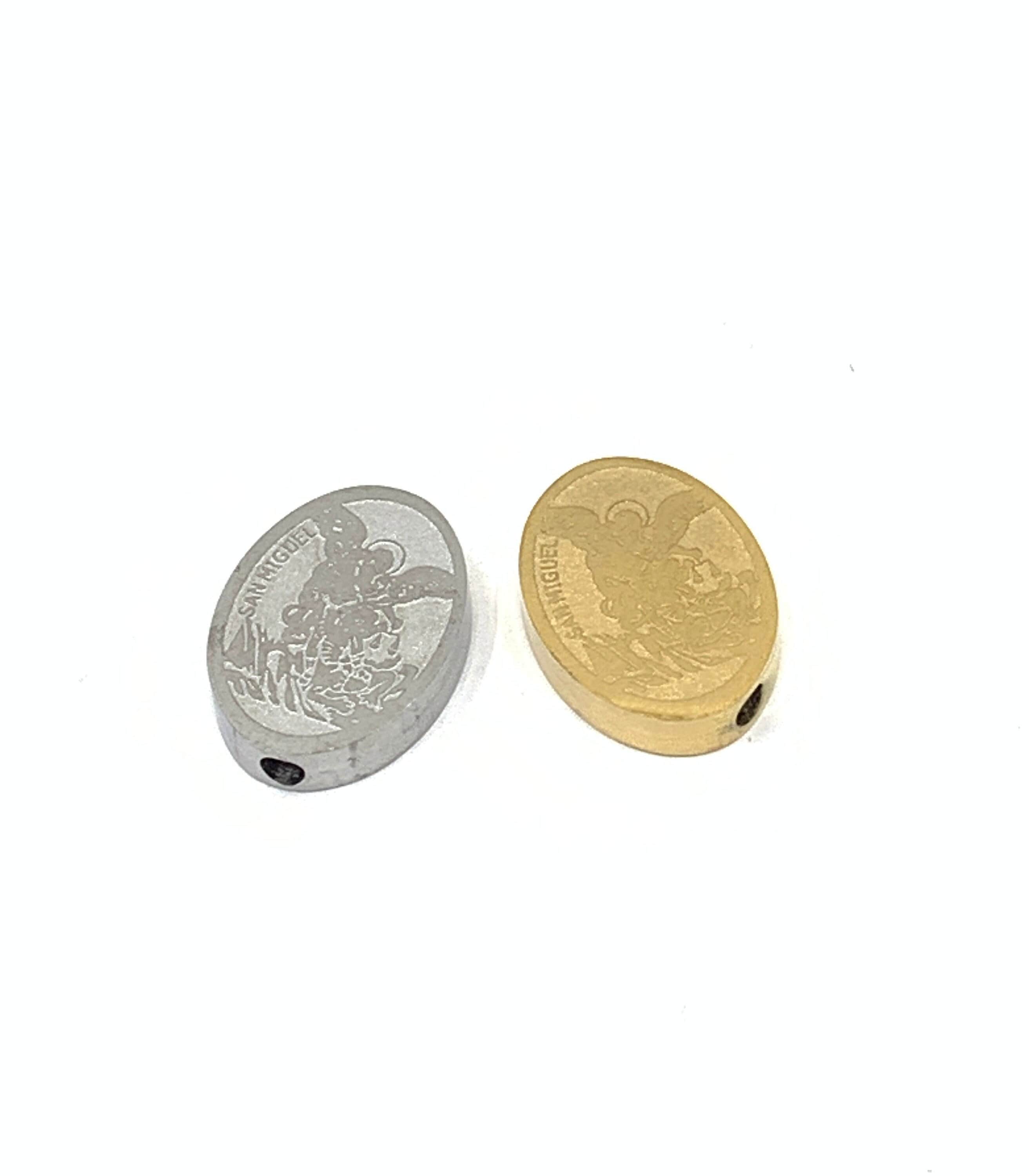 San Miguel Bead, Saint Michael Bead, Stainless Steel, Gold plated, San Miguel Medal, Non-tarnish, Bracelet Bead, Religious Jewelry Supply