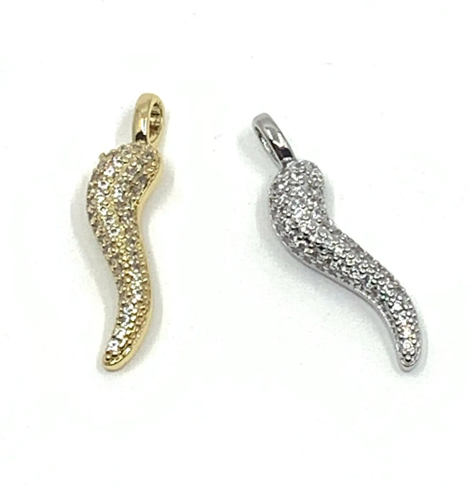 Cornicello Charm, Corno, Cubic Zirconia Chilli pepper, 18k gold plated, Cornicello, Italian Horn Charms, Micro Pave CZ, Italian Amulet