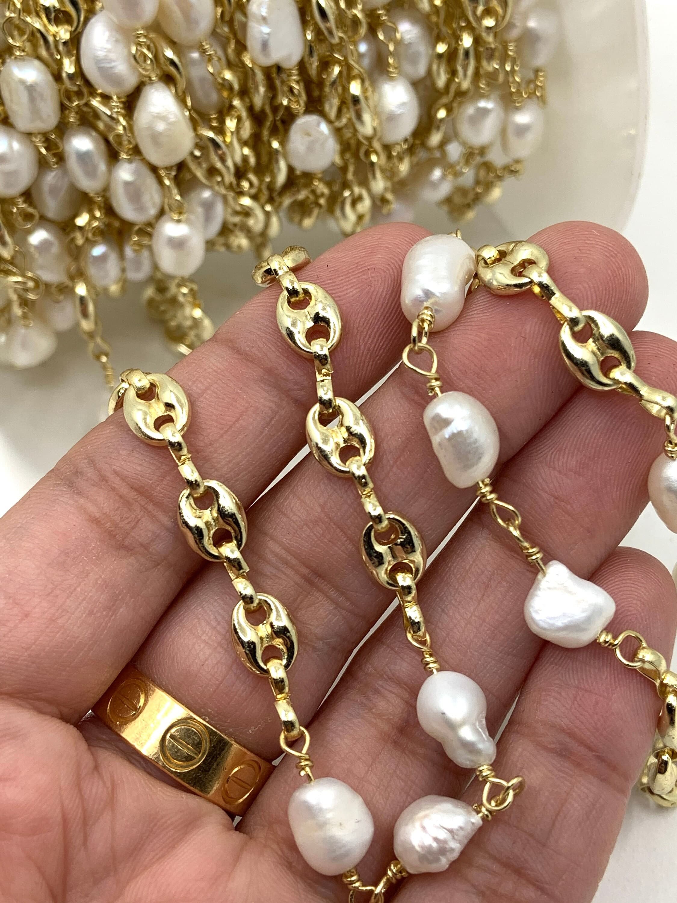 Freshwater Pearl Wire Wrapped Chain, Rosary Style Chain, Beaded Link Chain, High Quality, 18k gold plated brass, 1 foot, Jewelry Making