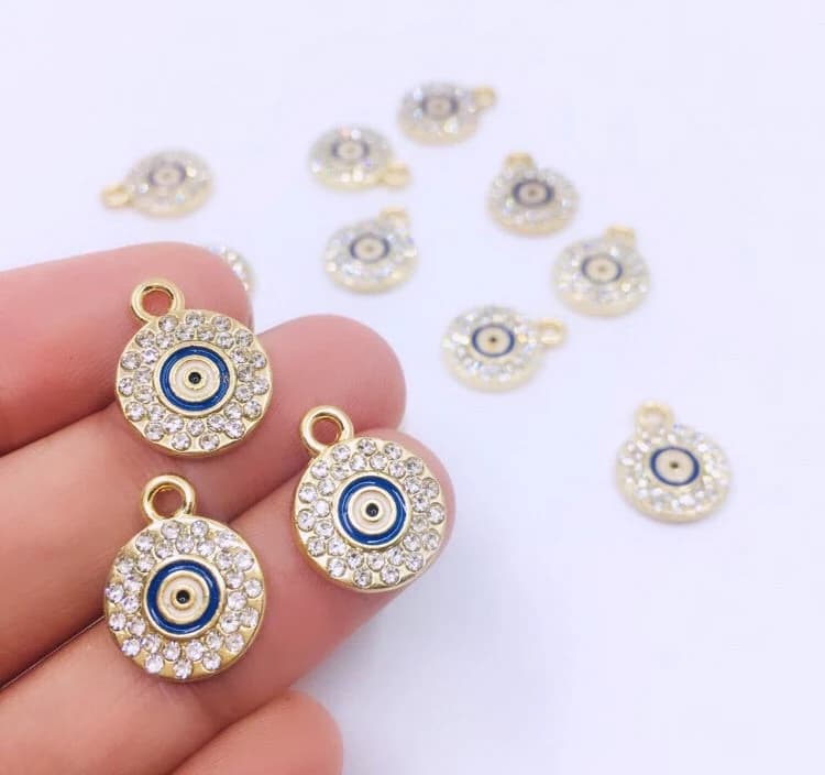 Evil Eye Charm, Gold Plated Round Evil Eye, Evil Eye with Rhinestones, Evil Eye Charm Necklace, Pendant, Bellaire Wholesale, Canada Supplier