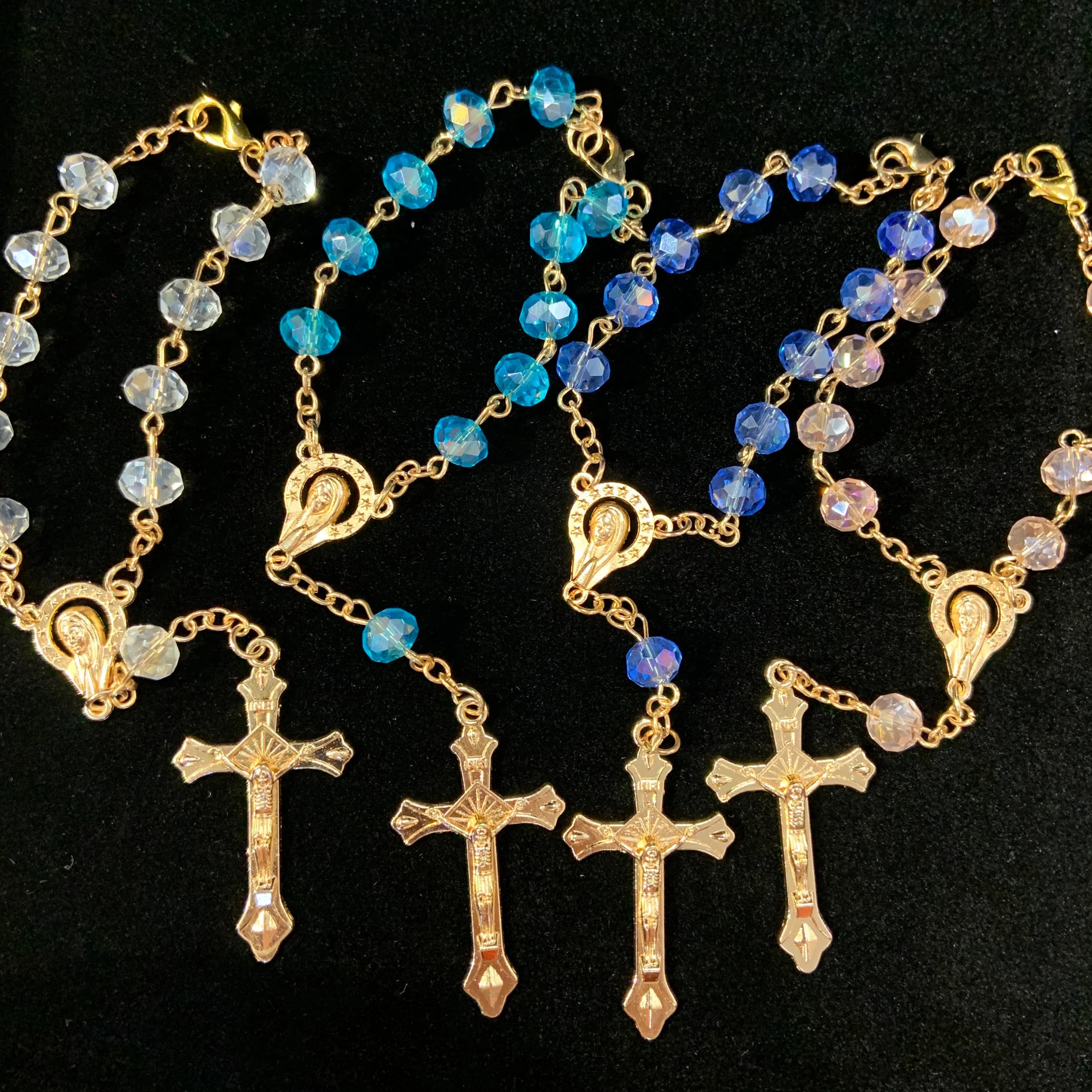 Mini Glass Bead Rosary, Gold Cross, Communion Baptism Favors