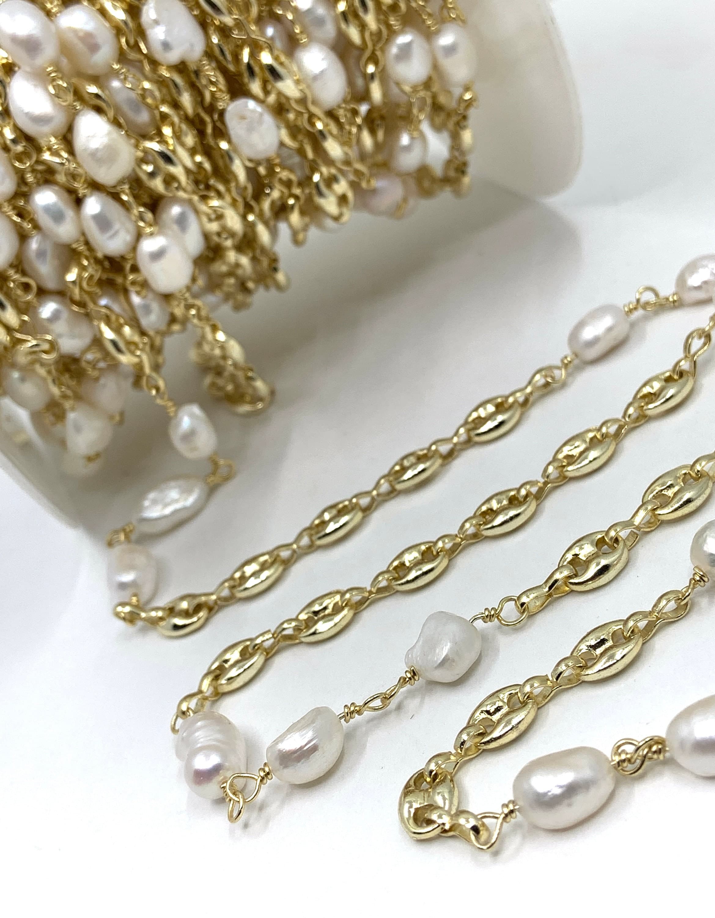 Freshwater Pearl Wire Wrapped Chain, Rosary Style Chain, Beaded Link Chain, High Quality, 18k gold plated brass, 1 foot, Jewelry Making - image 4