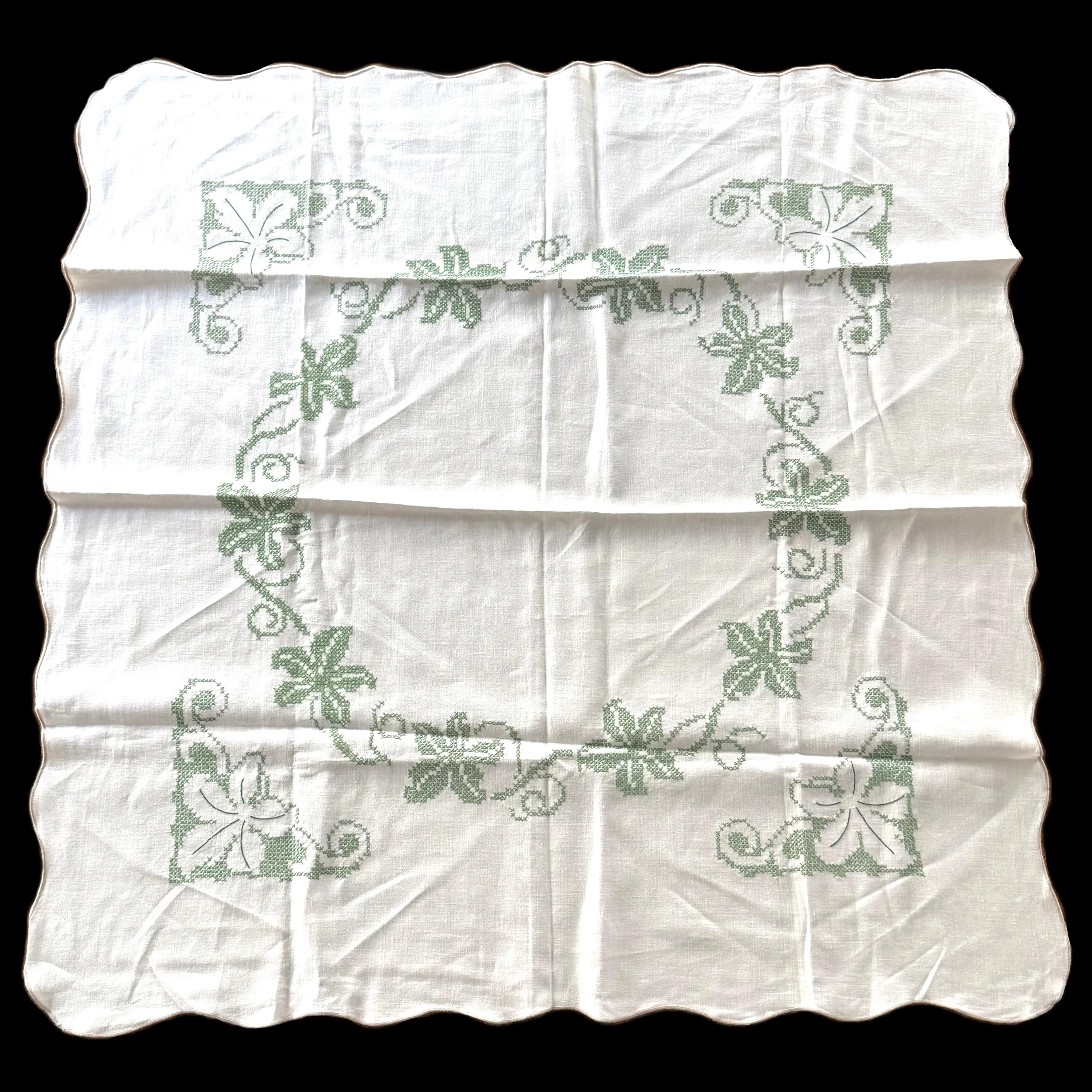 Vintage Green Cross-Stitch Linen Tablecloth | Hand-Embroidered Floral Vine Design | Scalloped Edge | 41" x 41"
