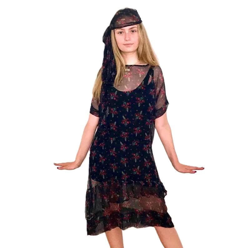 1920s Navy Chiffon Day Dress: Floral Shift, Handmade Art Deco Gown, Asymmetrical Ruffle