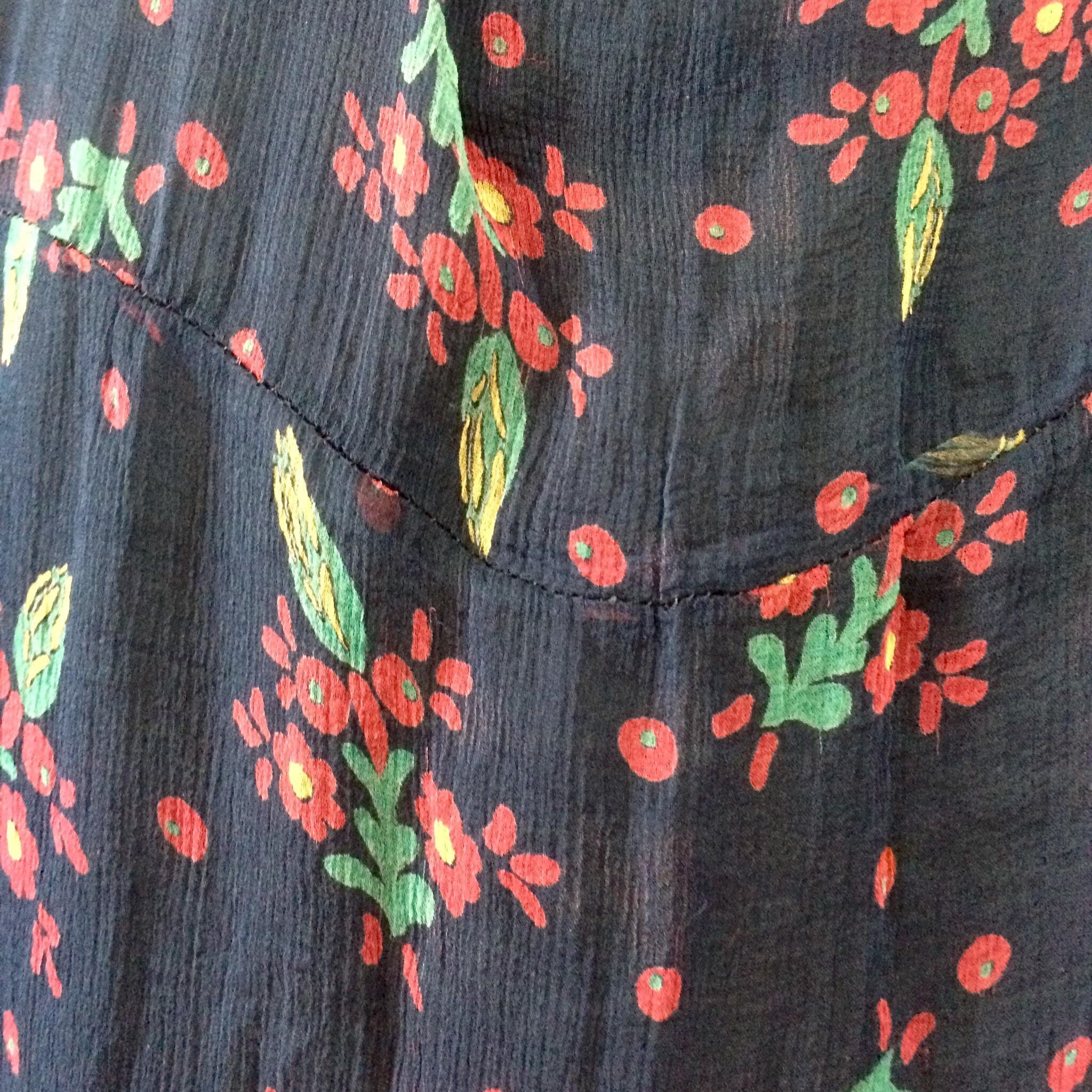 1920s Navy Chiffon Day Dress: Floral Shift, Handmade Art Deco Gown, Asymmetrical Ruffle - image 5