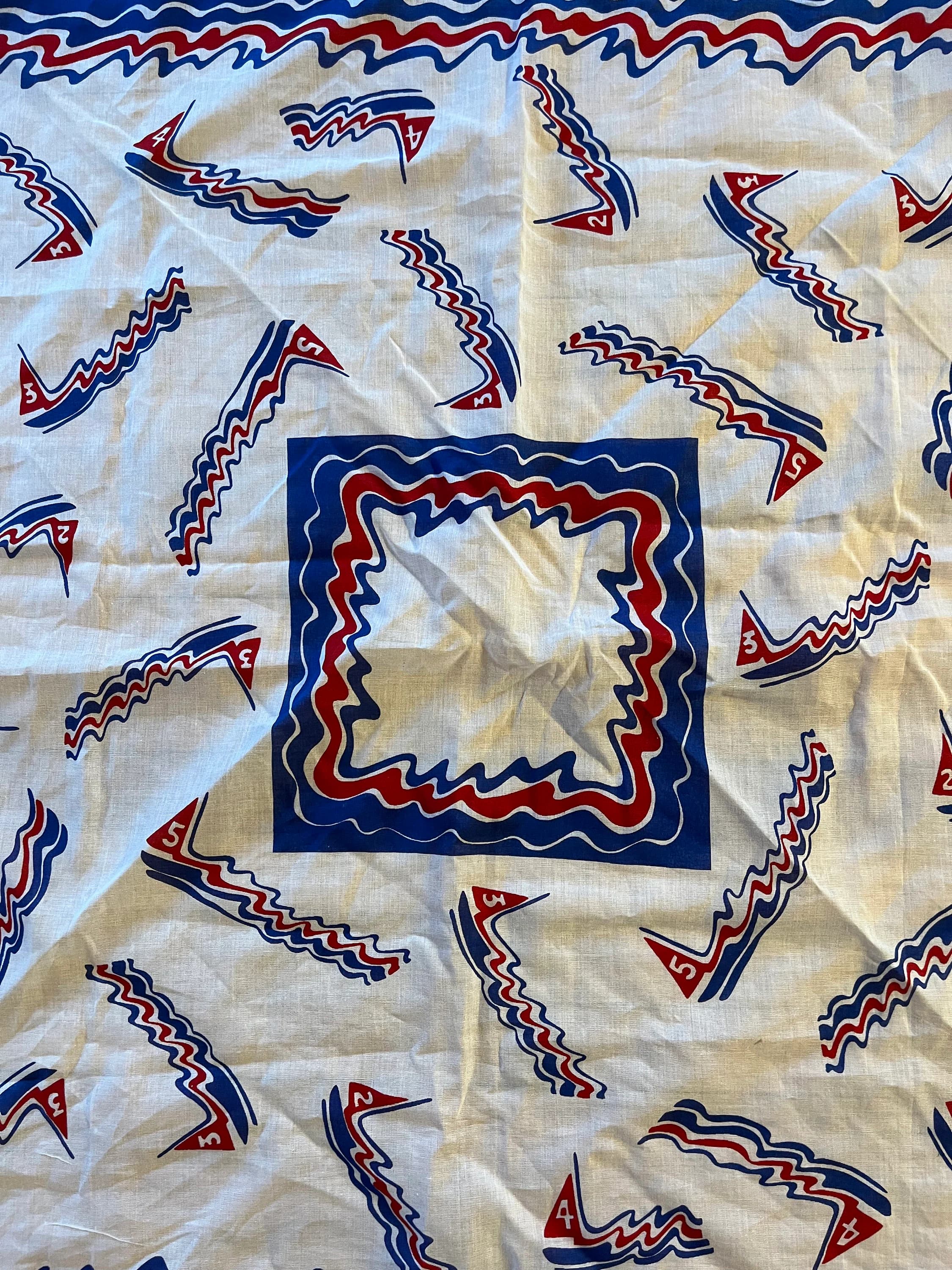 Signed Oscar de la Renta Scarf 1980s, 30" x 30" Square Scarf, Red, White and Blue Sailing Theme, Abstract Sailboats, Collectible Scarf - image 4