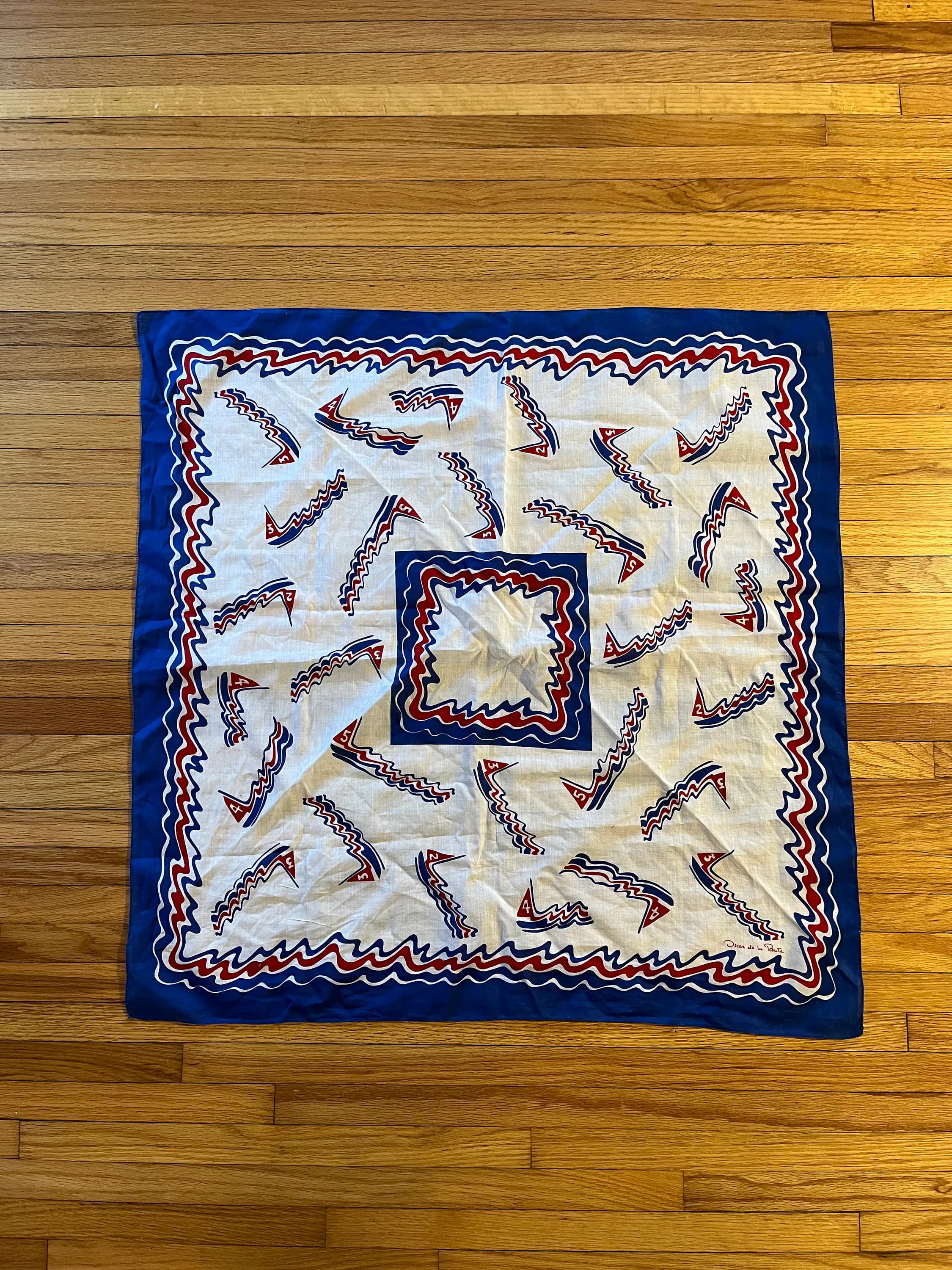 Signed Oscar de la Renta Scarf 1980s, 30" x 30" Square Scarf, Red, White and Blue Sailing Theme, Abstract Sailboats, Collectible Scarf