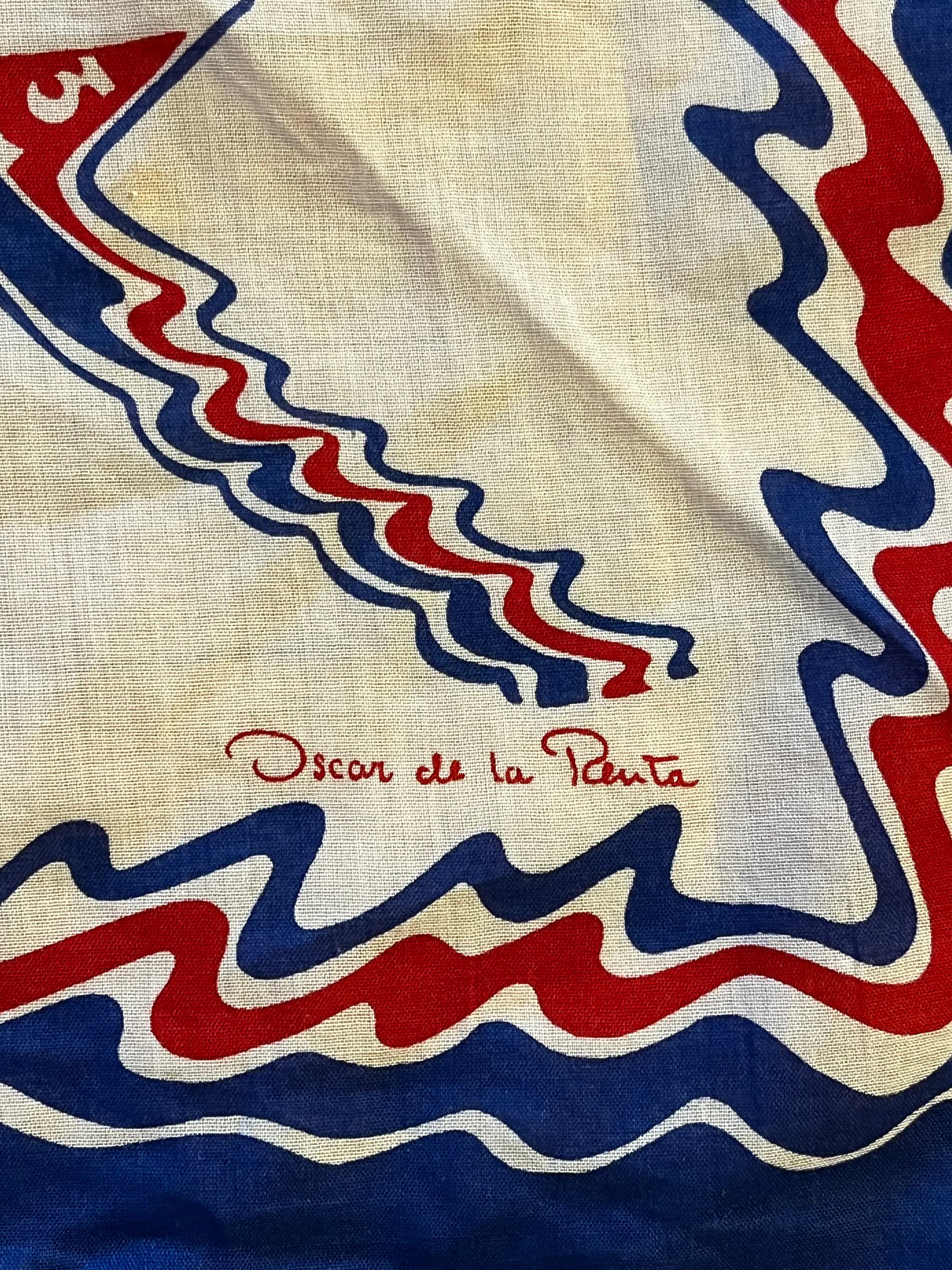 Signed Oscar de la Renta Scarf 1980s, 30" x 30" Square Scarf, Red, White and Blue Sailing Theme, Abstract Sailboats, Collectible Scarf - image 3