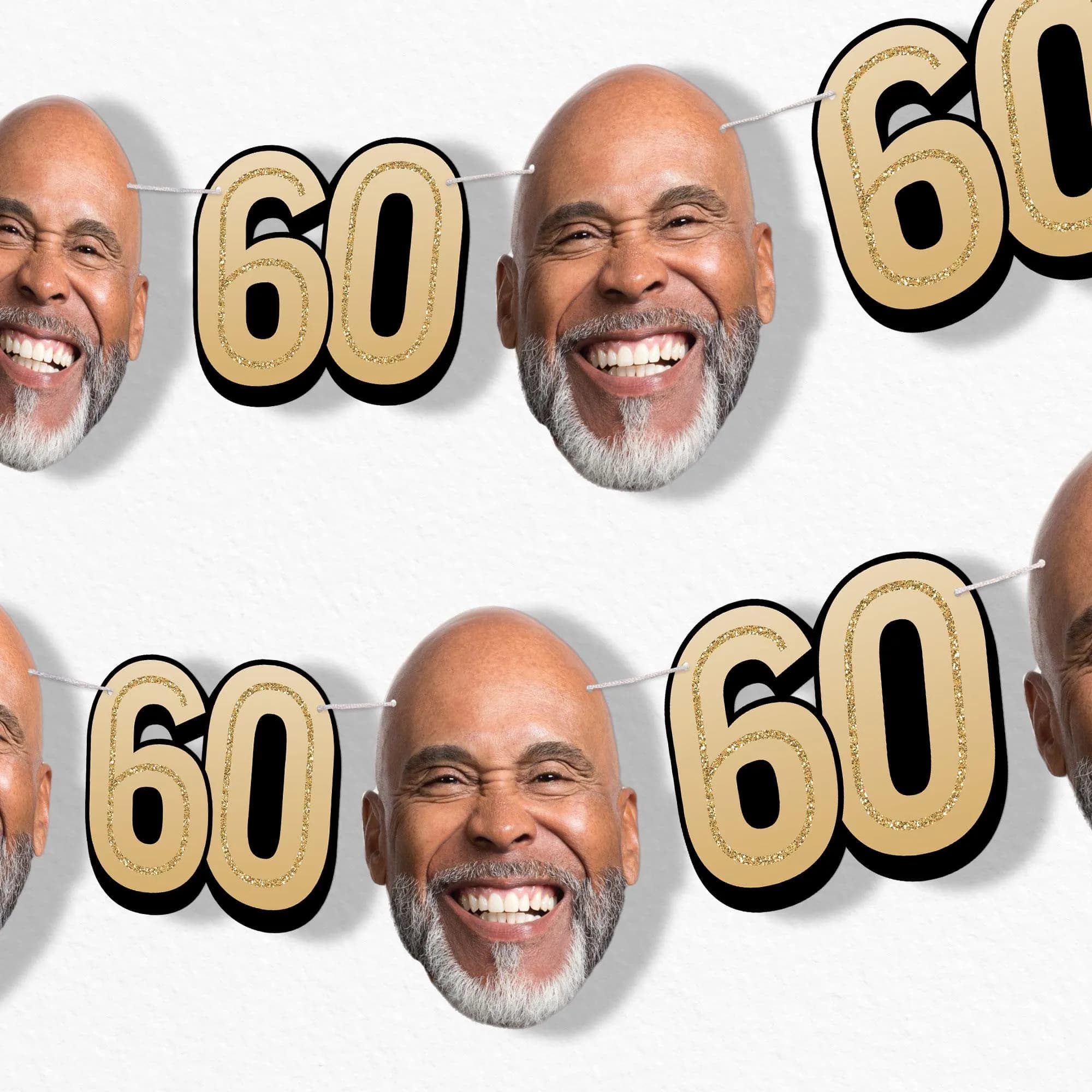 Custom 60th Birthday Face Cut Out Garland Banner, Personalized Adult Birthday Party Decor, 30 Ft of Cord, 5 Face Cutouts 5 Age 60 Shapes