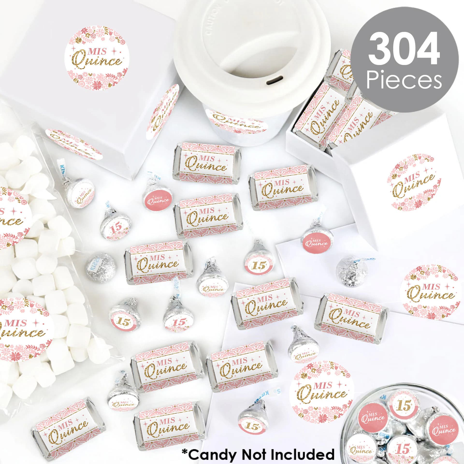 Mis Quince Anos - Mini Candy Bar Wrappers, Round Candy Stickers and Circle Stickers - Quinceanera Sweet 15 Candy Favor Sticker Kit - 304 Pc - image 3