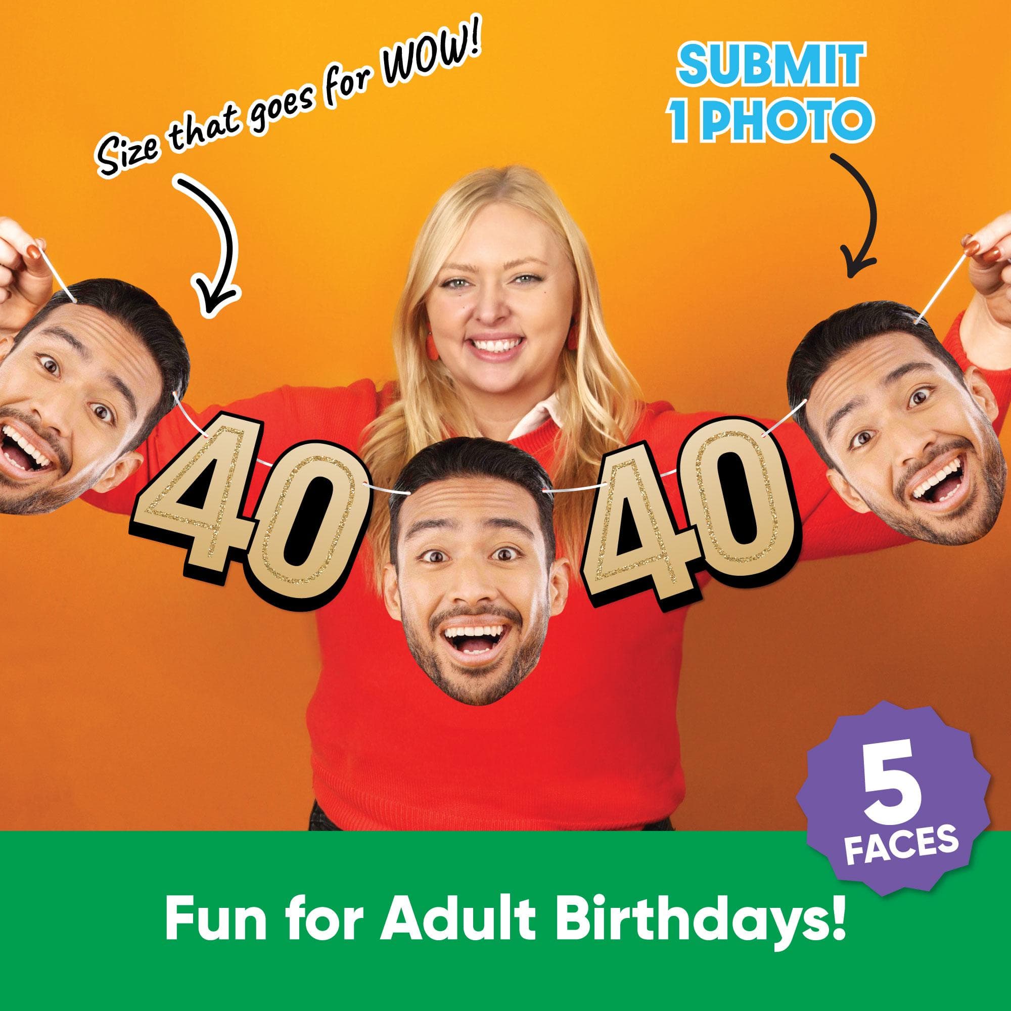 Custom 40th Birthday Face Cut Out Garland Banner, Personalized Adult Birthday Party Decor, 30 Ft of Cord, 5 Face Cutouts 5 Age 40 Shapes - image 5