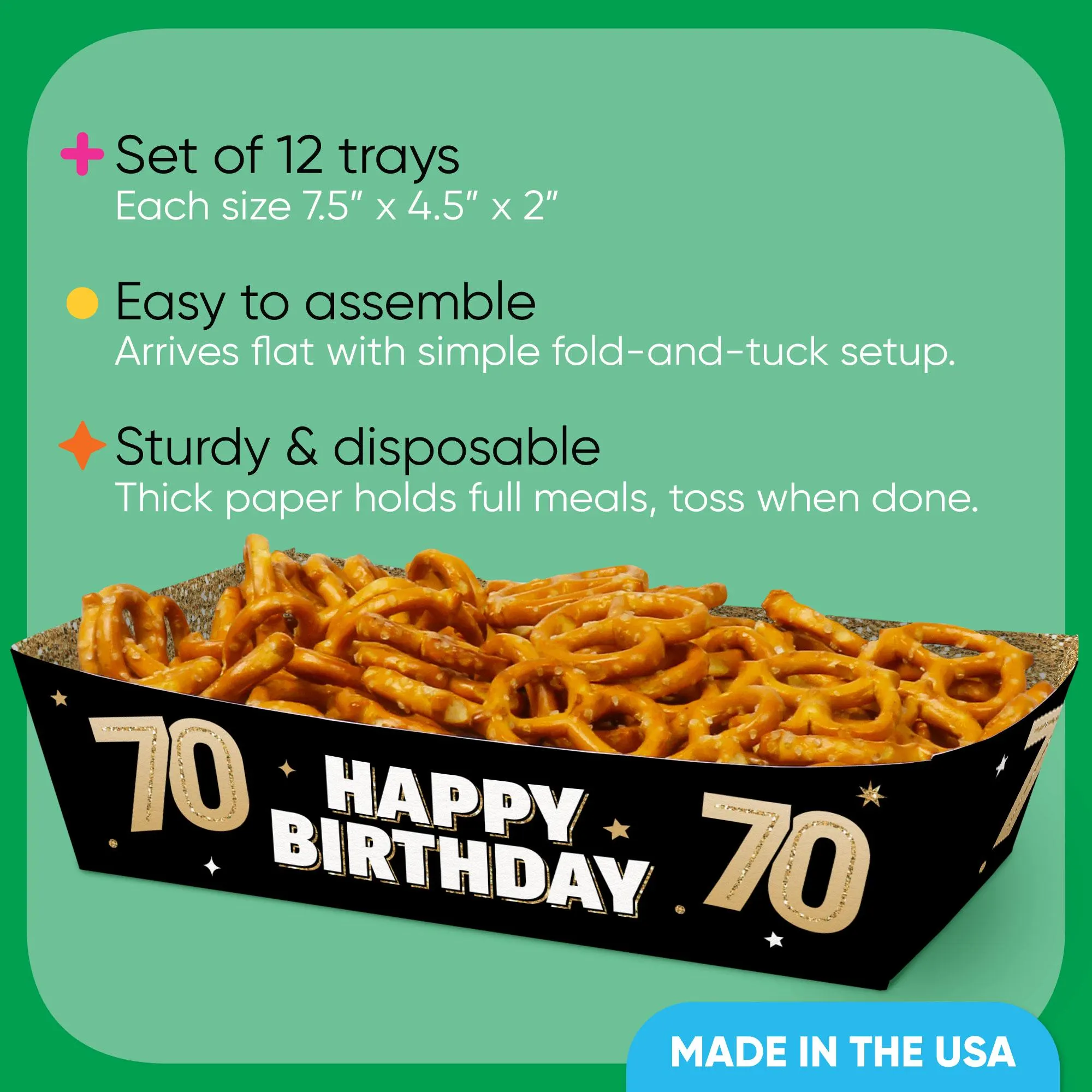 70th Birthday Party Paper Food Trays, Disposable Food Boats, Black & Gold Birthday, Picnic, BBQ, Double-Sided Paper Meal Holders - 12 Ct - image 4