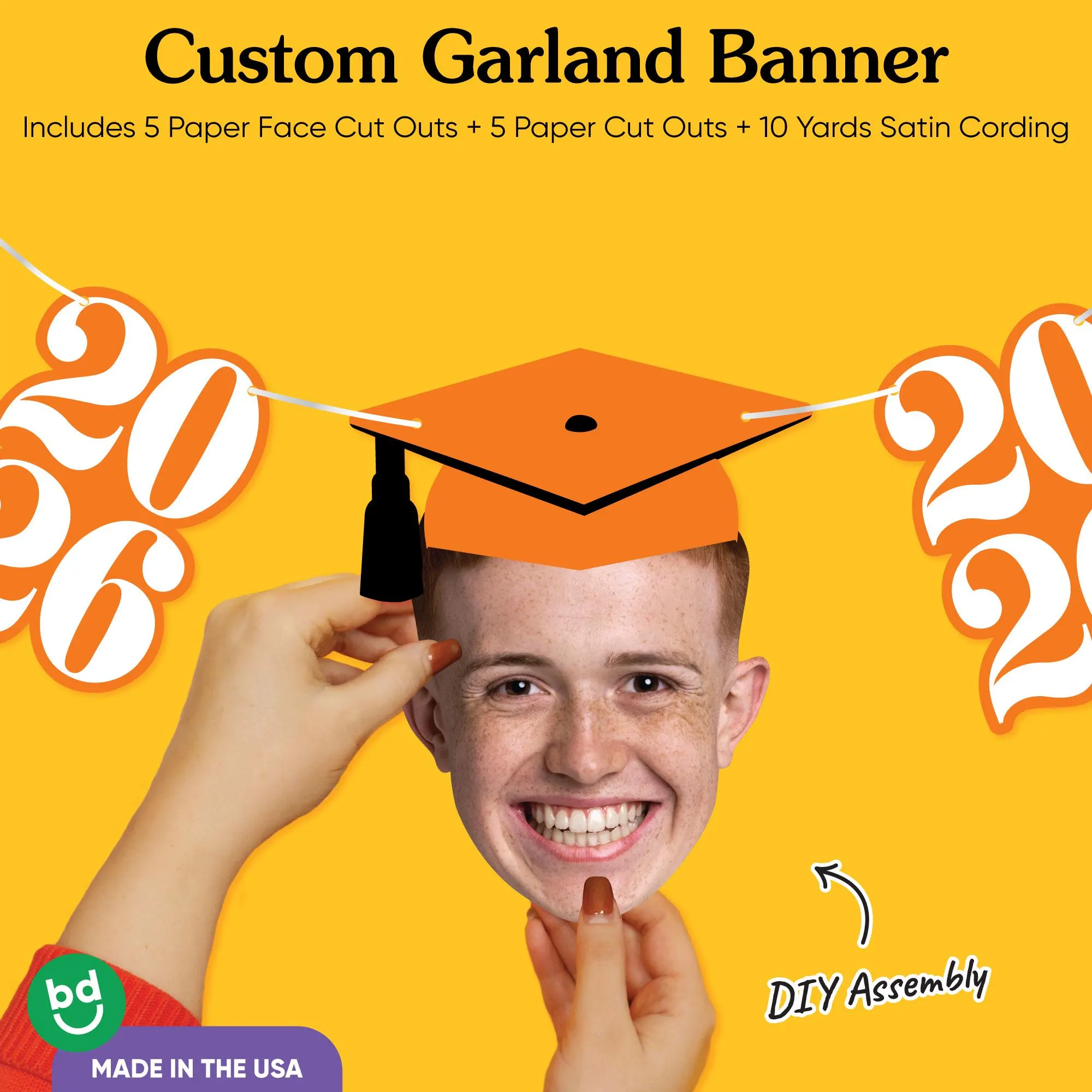 Custom Photo Orange Graduation Garland Banner, Personalized Grad Decor Backdrop, 30 Feet of Cord, 5 2026 Shapes & 5 Faces with Grad Cap - image 5