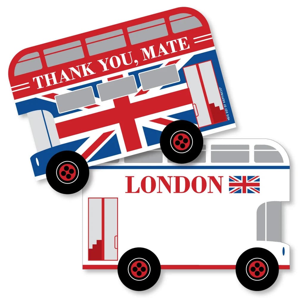 Cheerio, London - Shaped Thank You Cards - British UK Party Thank You Note Cards with Envelopes - Set of 12