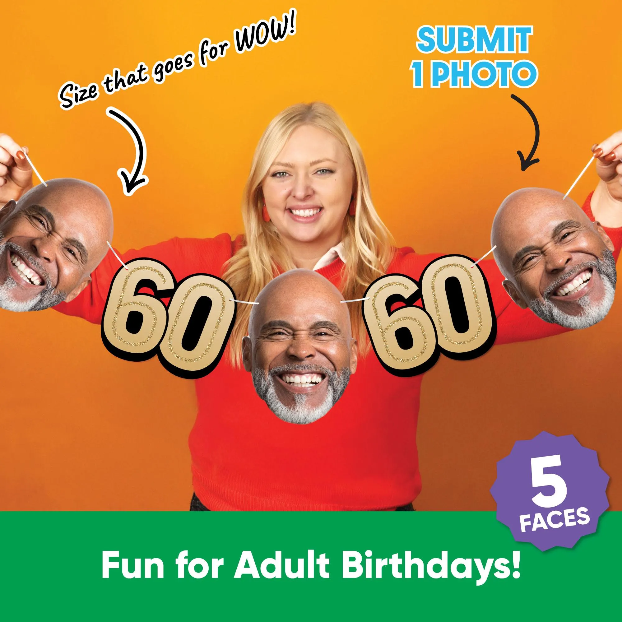 Custom 60th Birthday Face Cut Out Garland Banner, Personalized Adult Birthday Party Decor, 30 Ft of Cord, 5 Face Cutouts 5 Age 60 Shapes - image 4