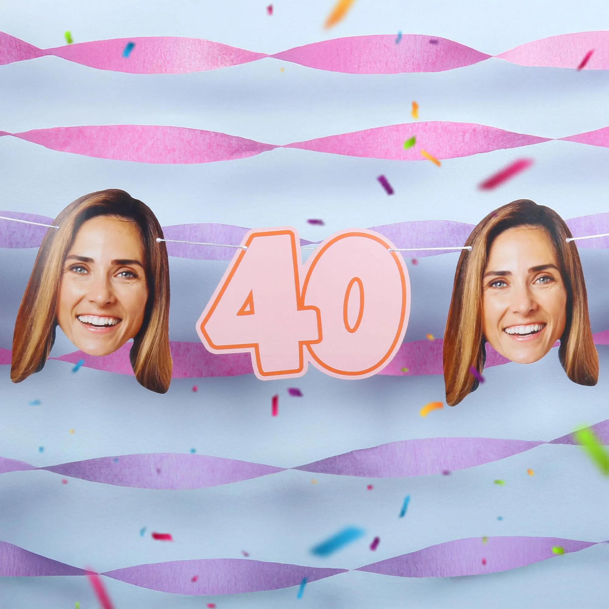 Custom 40th Birthday Face Cut Out Garland Banner, Personalized Adult Birthday Party Decor, 30 Ft of Cord, 5 Face Cutouts 5 Age 40 Shapes - image 4