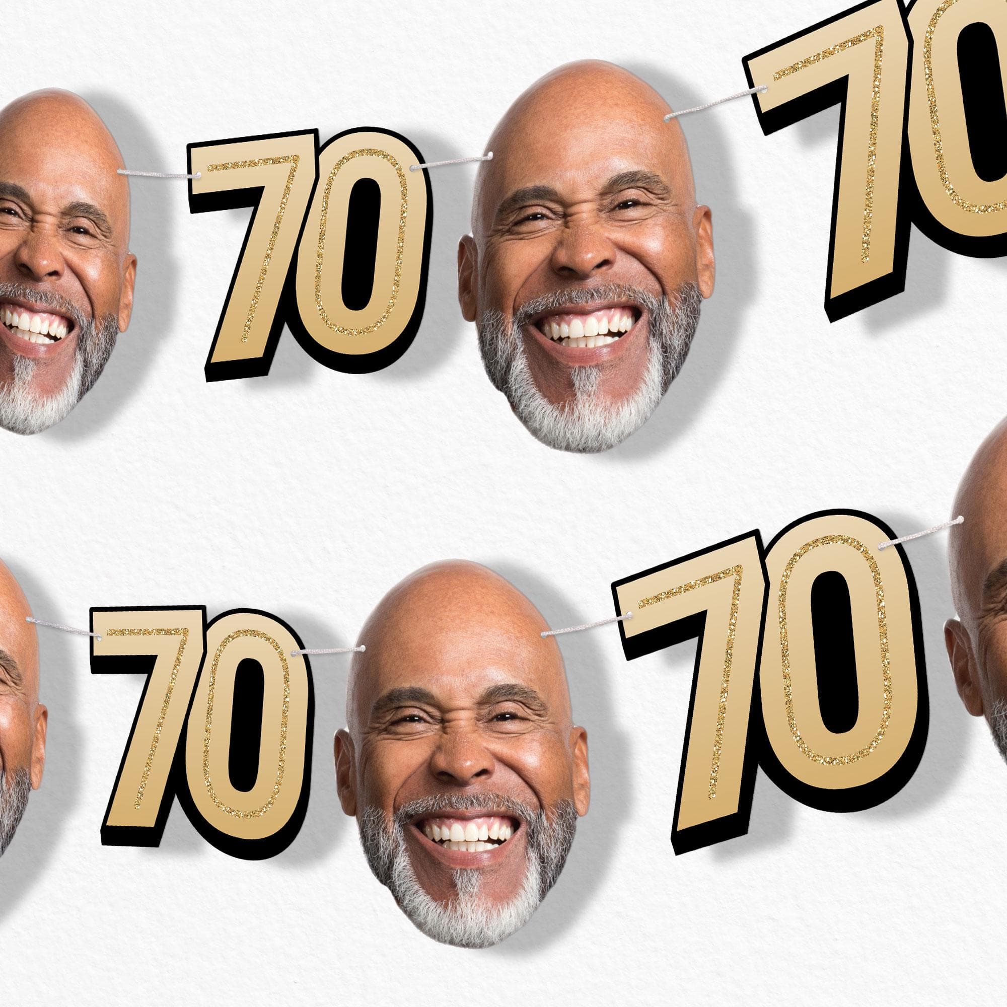 Custom 70th Birthday Face Cut Out Garland Banner, Personalized Adult Birthday Party Decor, 30 Ft of Cord, 5 Face Cutouts 5 Age 70 Shapes