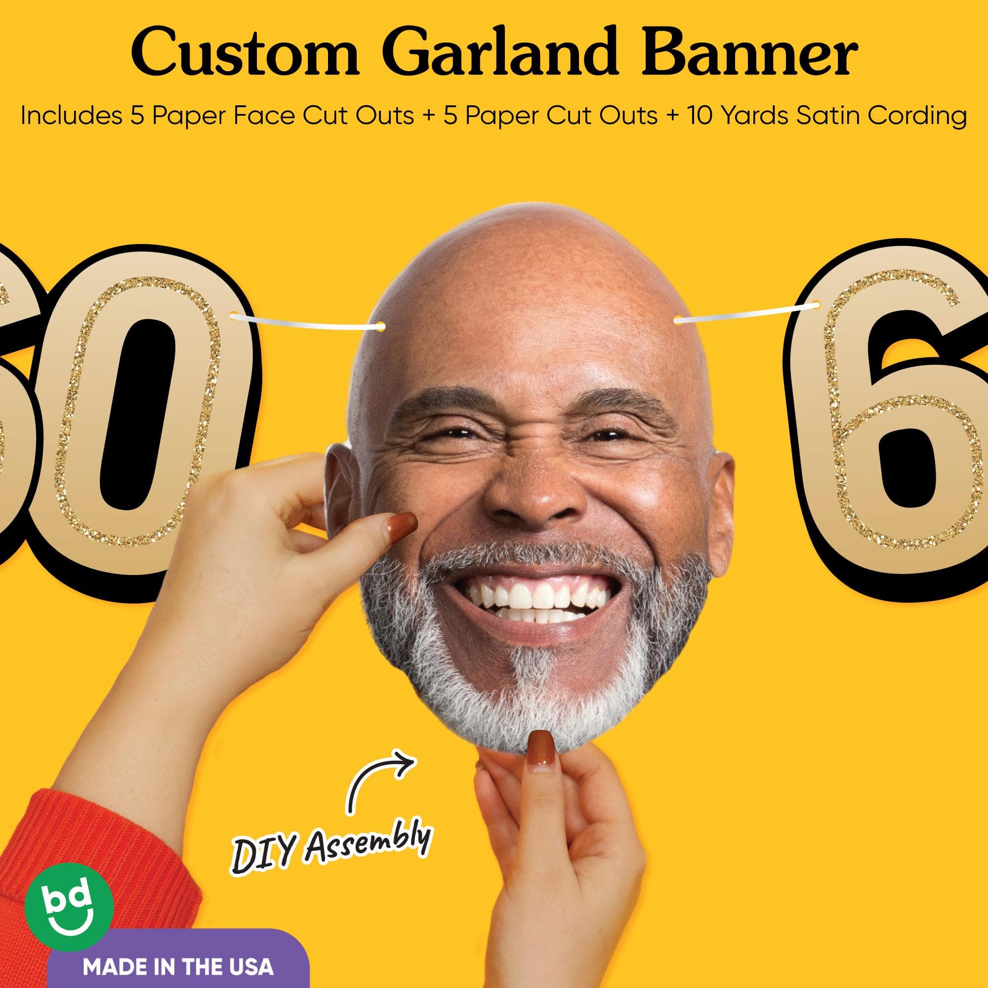 Custom 60th Birthday Face Cut Out Garland Banner, Personalized Adult Birthday Party Decor, 30 Ft of Cord, 5 Face Cutouts 5 Age 60 Shapes - image 5