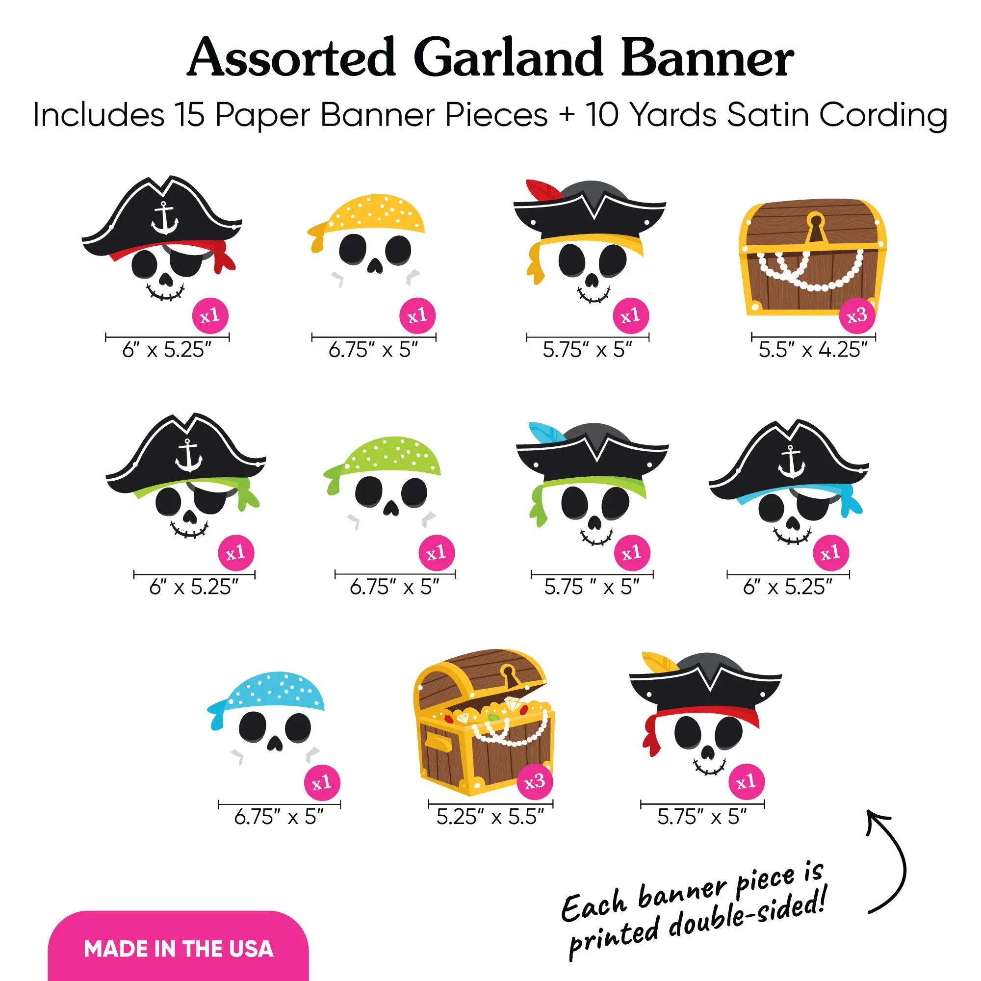 Pirate Ship Adventures Garland Banner, Kids Birthday Decor Backdrop, 30 Feet of Cord, 15 Double-Sided Paper Skulls & Treasure Chest Shapes - image 5