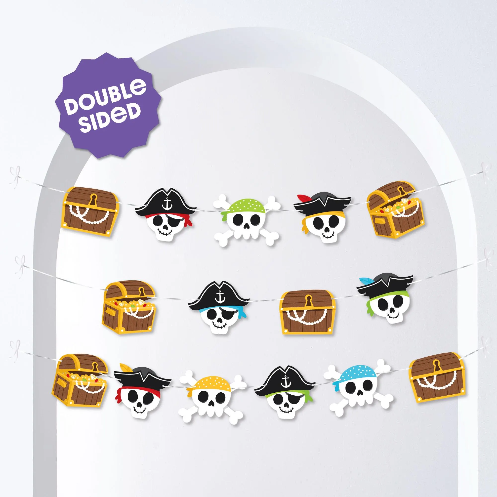 Pirate Ship Adventures Garland Banner, Kids Birthday Decor Backdrop, 30 Feet of Cord, 15 Double-Sided Paper Skulls & Treasure Chest Shapes - image 3