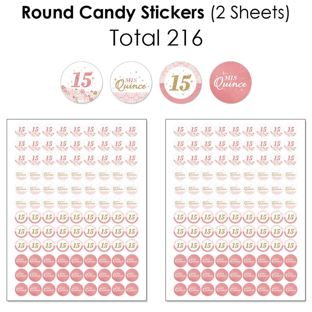 Mis Quince Anos - Mini Candy Bar Wrappers, Round Candy Stickers and Circle Stickers - Quinceanera Sweet 15 Candy Favor Sticker Kit - 304 Pc - image 5