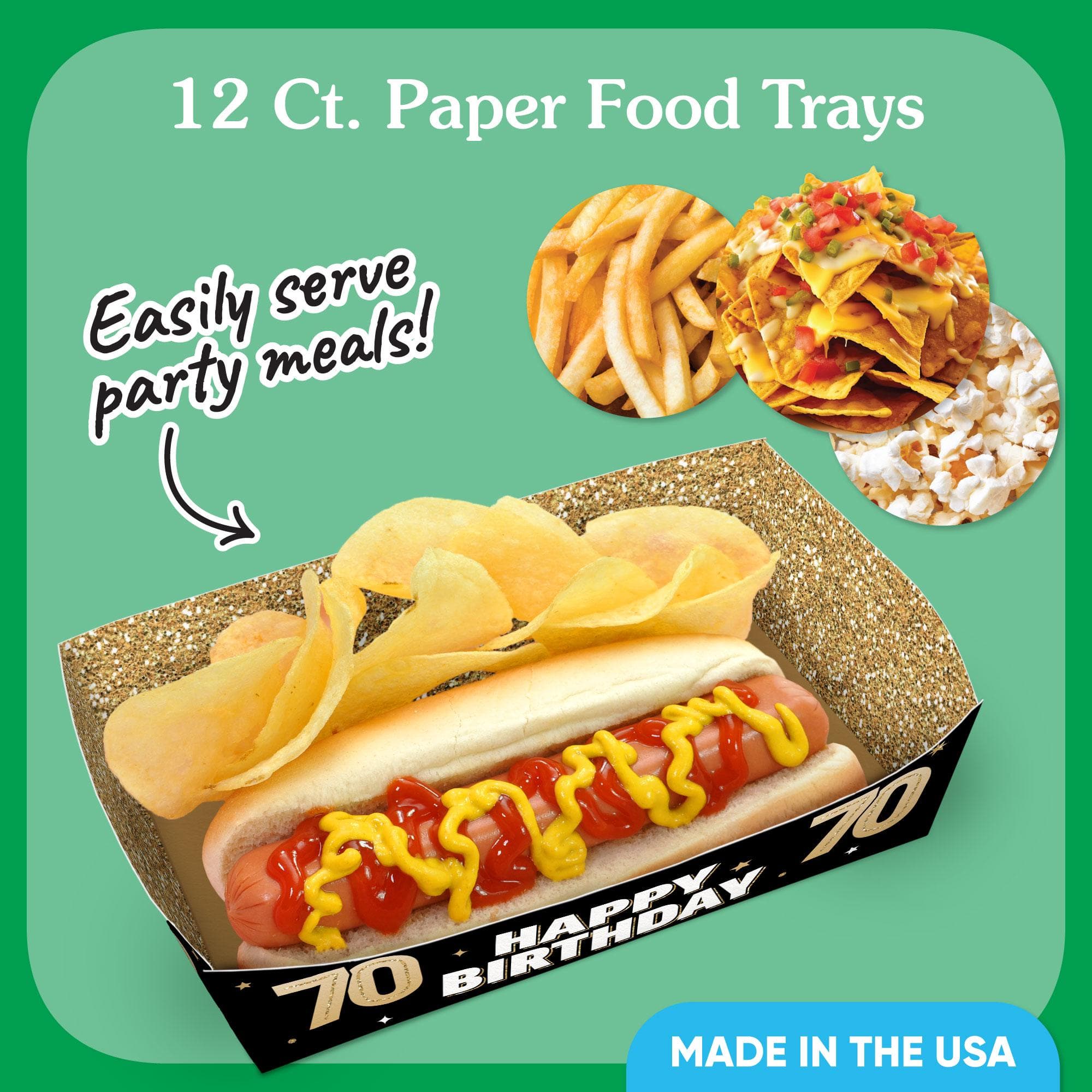 70th Birthday Party Paper Food Trays, Disposable Food Boats, Black & Gold Birthday, Picnic, BBQ, Double-Sided Paper Meal Holders - 12 Ct - image 3
