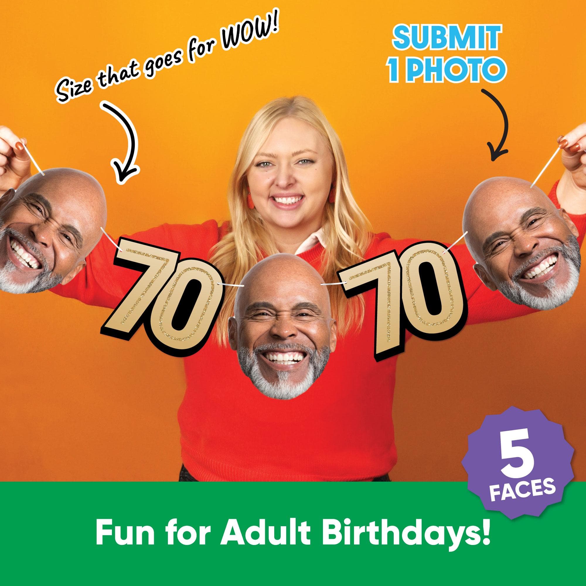 Custom 70th Birthday Face Cut Out Garland Banner, Personalized Adult Birthday Party Decor, 30 Ft of Cord, 5 Face Cutouts 5 Age 70 Shapes - image 4