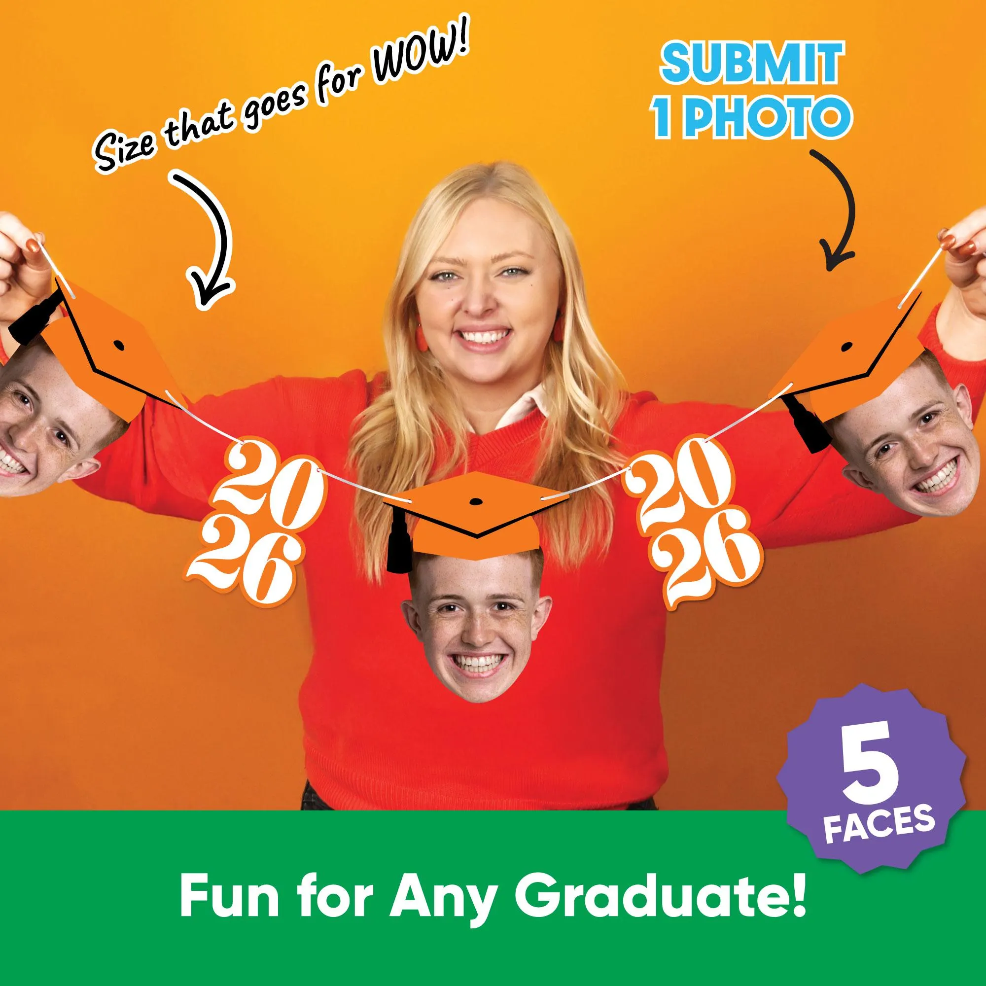 Custom Photo Orange Graduation Garland Banner, Personalized Grad Decor Backdrop, 30 Feet of Cord, 5 2026 Shapes & 5 Faces with Grad Cap - image 3