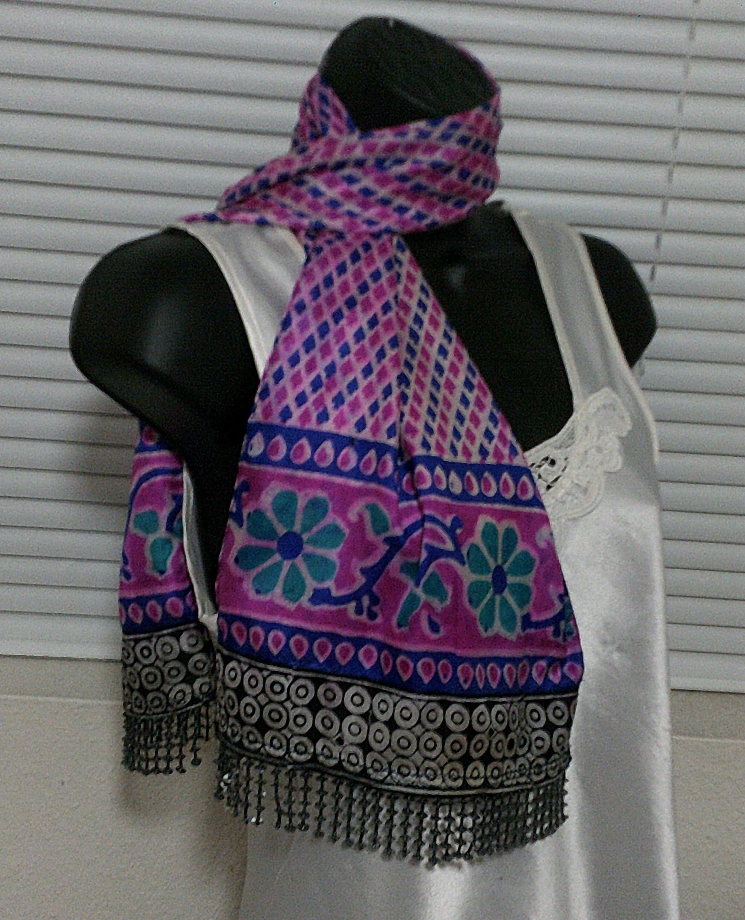 Dazzle in this Beautiful Two Sided Pure Silk Batik Beaded Scarf Made from a Vintage Indian Sari. Shimmery Pearly Fabric & Beads. Unique Chic