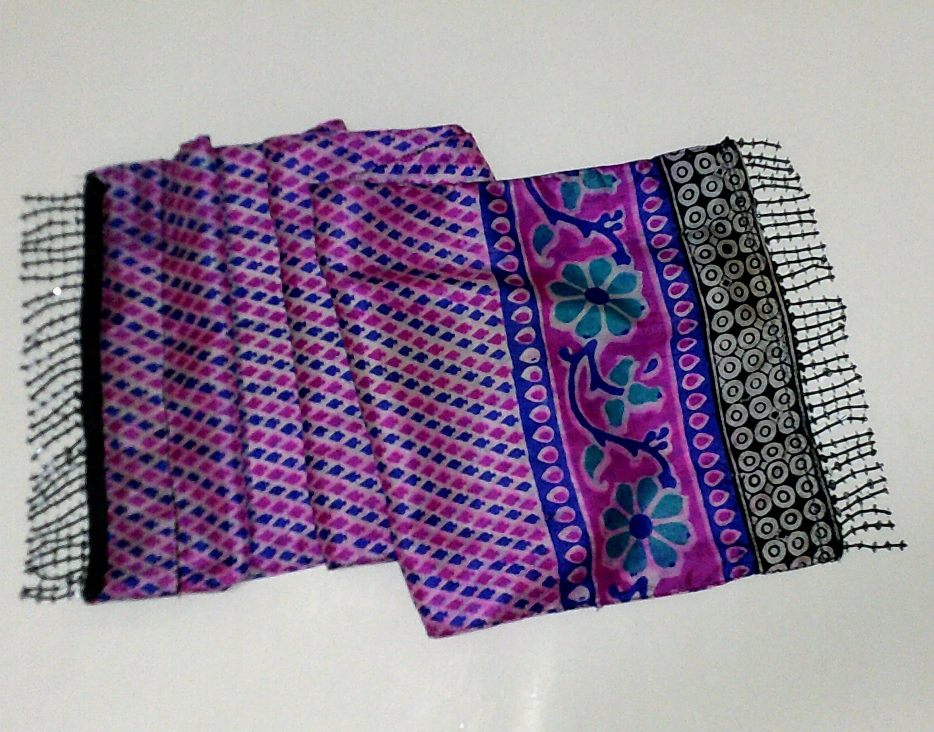 Dazzle in this Beautiful Two Sided Pure Silk Batik Beaded Scarf Made from a Vintage Indian Sari. Shimmery Pearly Fabric & Beads. Unique Chic - image 3