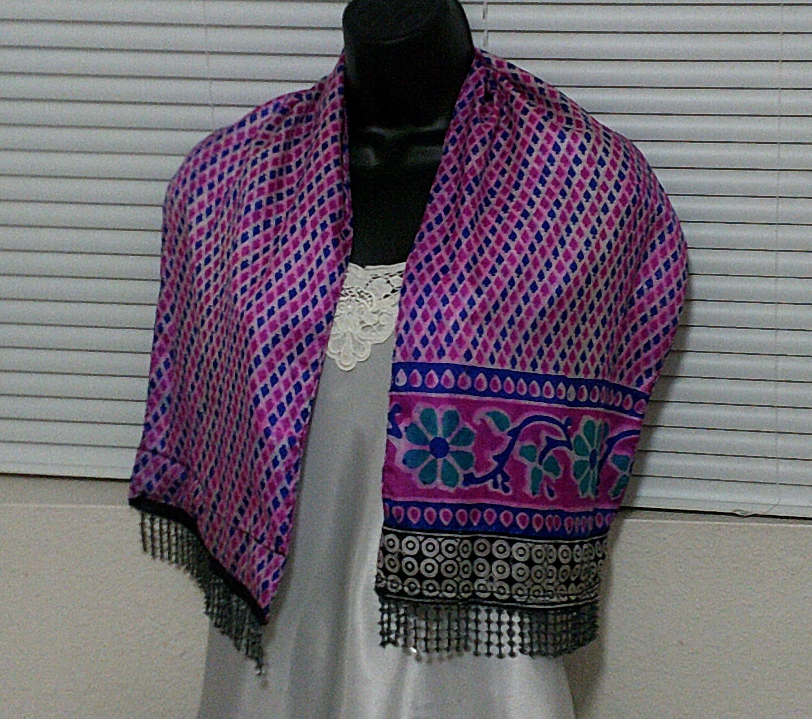 Dazzle in this Beautiful Two Sided Pure Silk Batik Beaded Scarf Made from a Vintage Indian Sari. Shimmery Pearly Fabric & Beads. Unique Chic - image 4