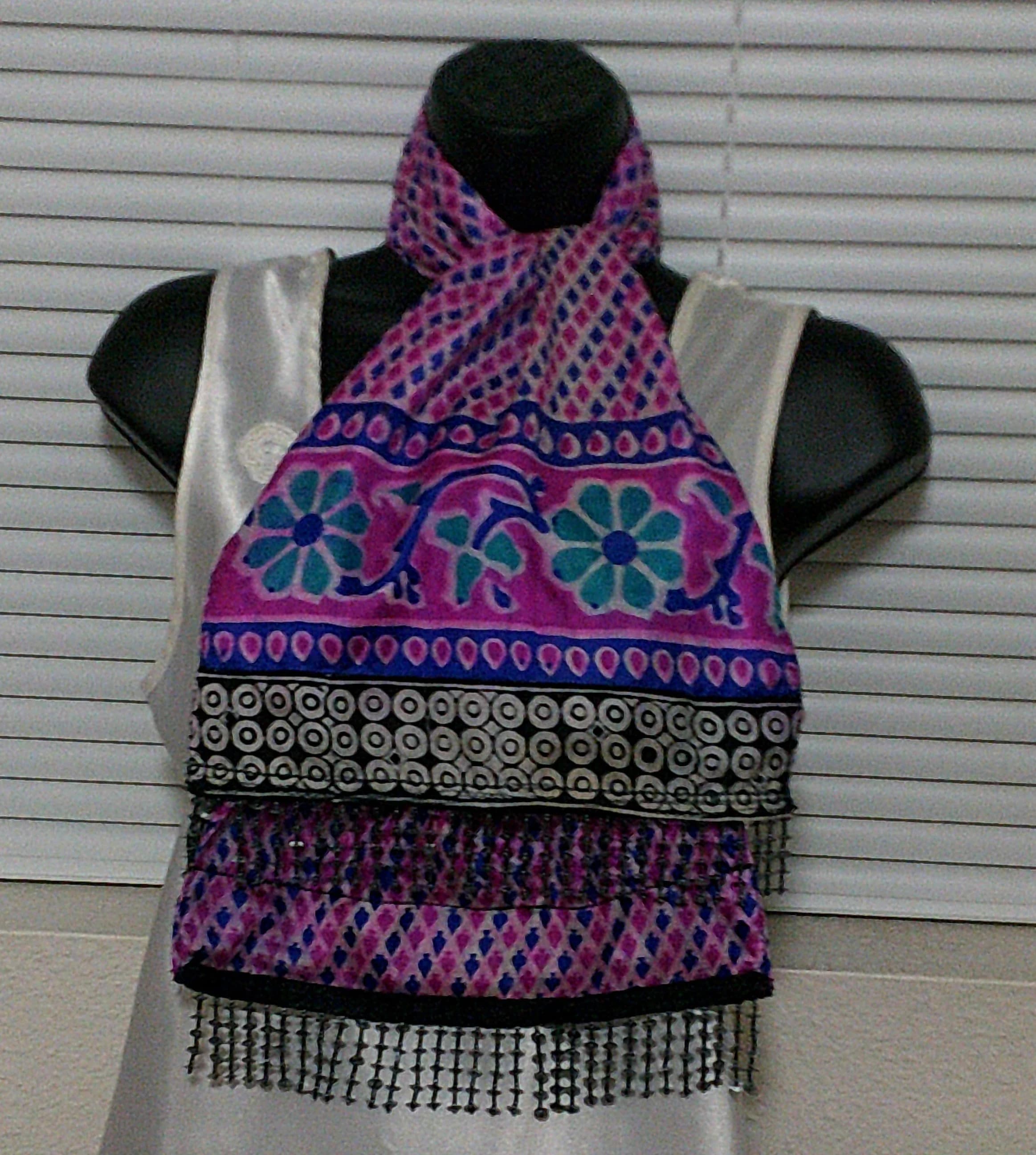 Dazzle in this Beautiful Two Sided Pure Silk Batik Beaded Scarf Made from a Vintage Indian Sari. Shimmery Pearly Fabric & Beads. Unique Chic - image 5