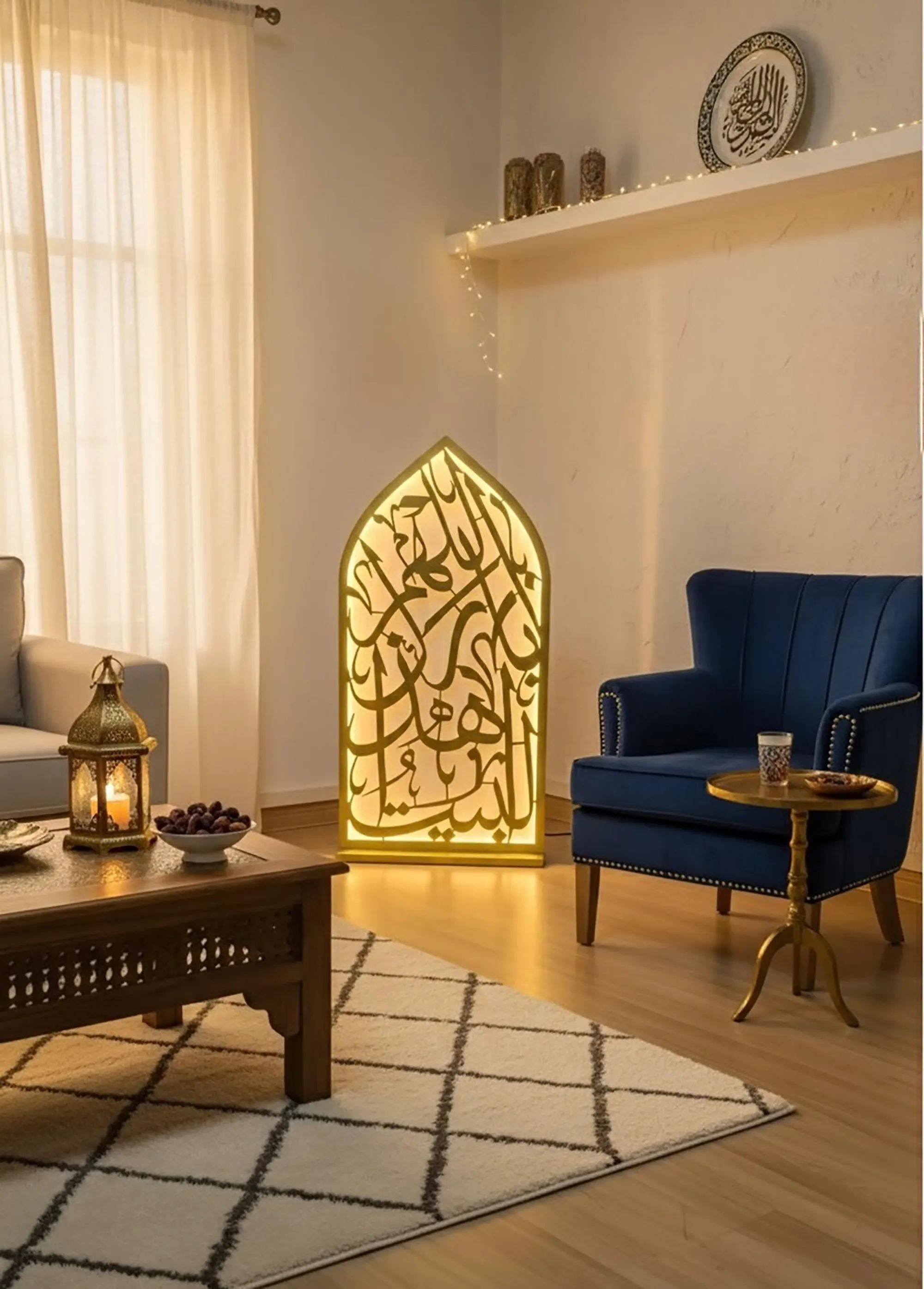 A tall, arched, illuminated mihrab light with gold Arabic calligraphy stands on a rug next to a blue armchair and a wooden coffee table.