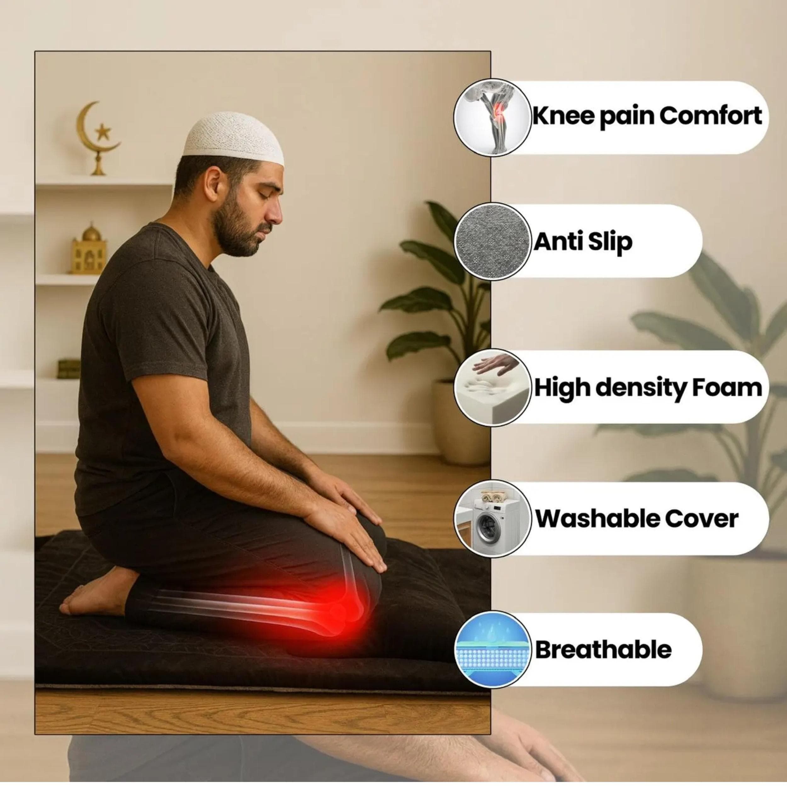A man in a kufi kneels on a black prayer mat, with text overlays pointing to features like "Knee pain Comfort" and "High density Foam."